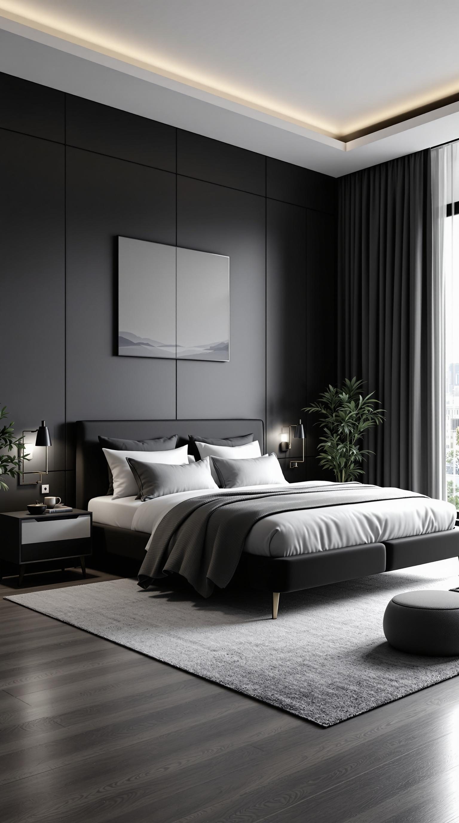 A minimalistic bedroom featuring black and gray tones with a modern design.