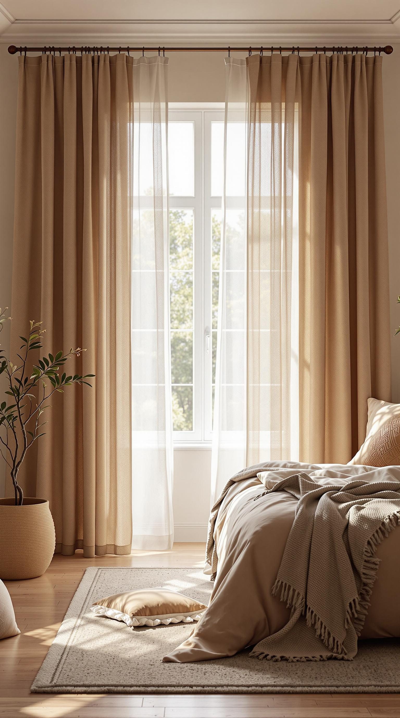 A cozy bedroom with muted earth tone curtains, a soft bed, and a plant by the window.