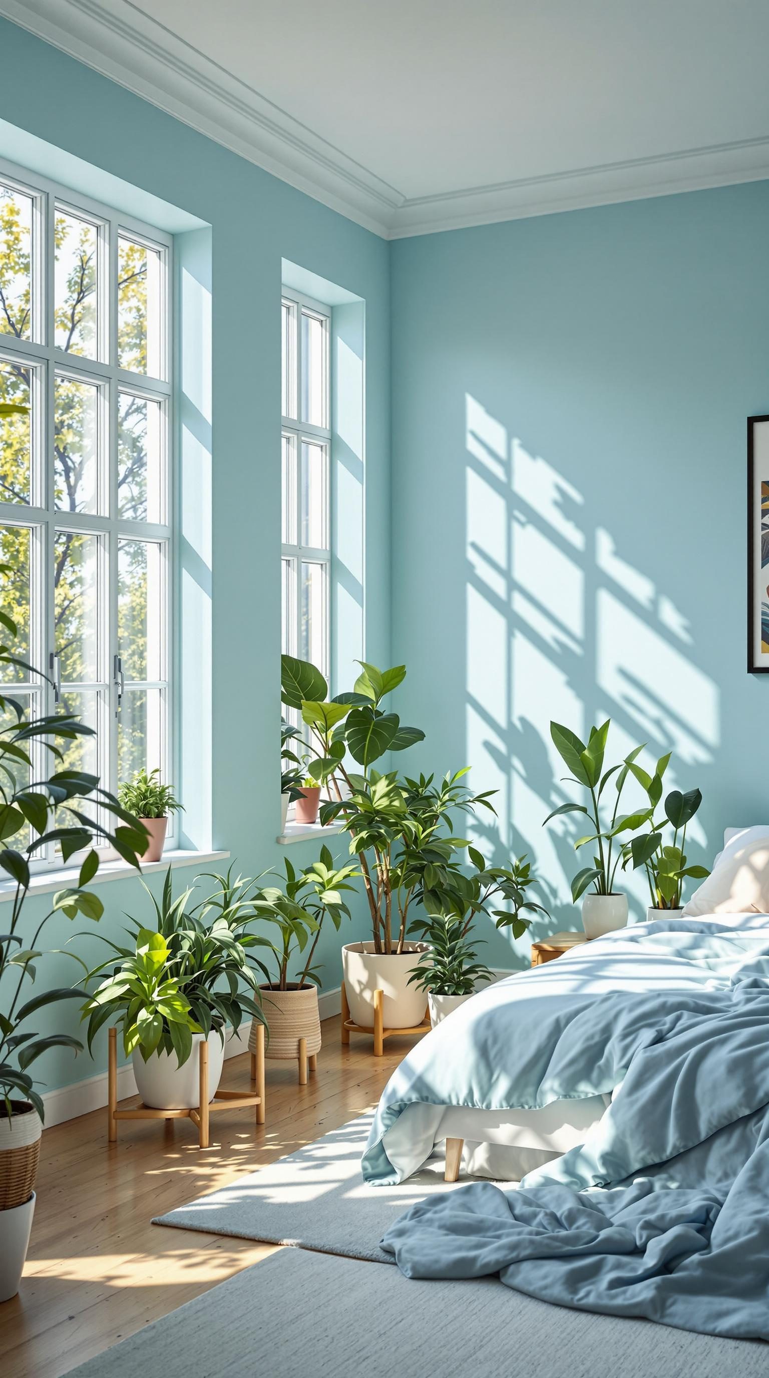 A bright, light blue bedroom filled with various potted plants, showcasing natural light streaming through the windows.