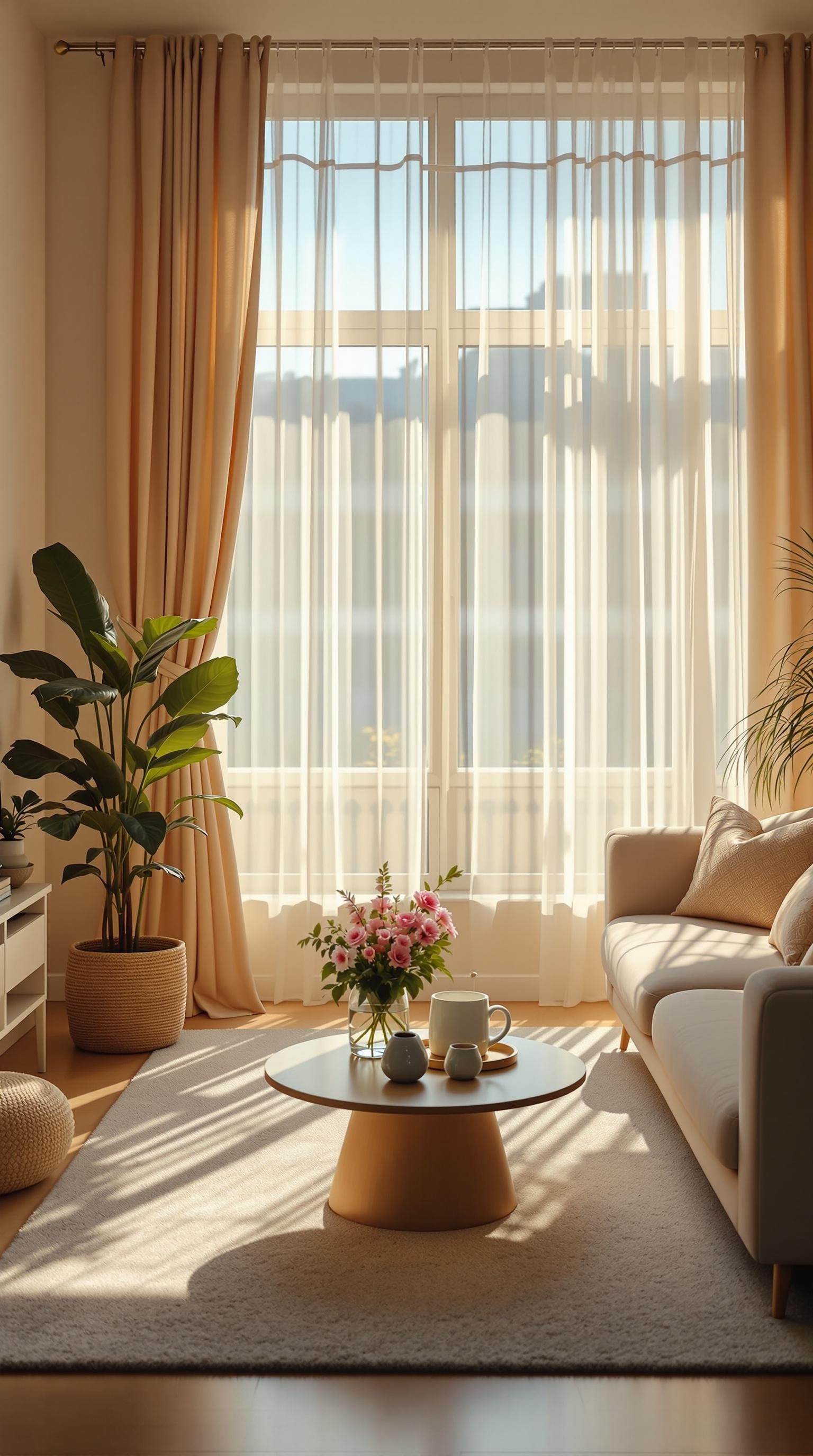 Bright living room with sheer curtains letting in natural light