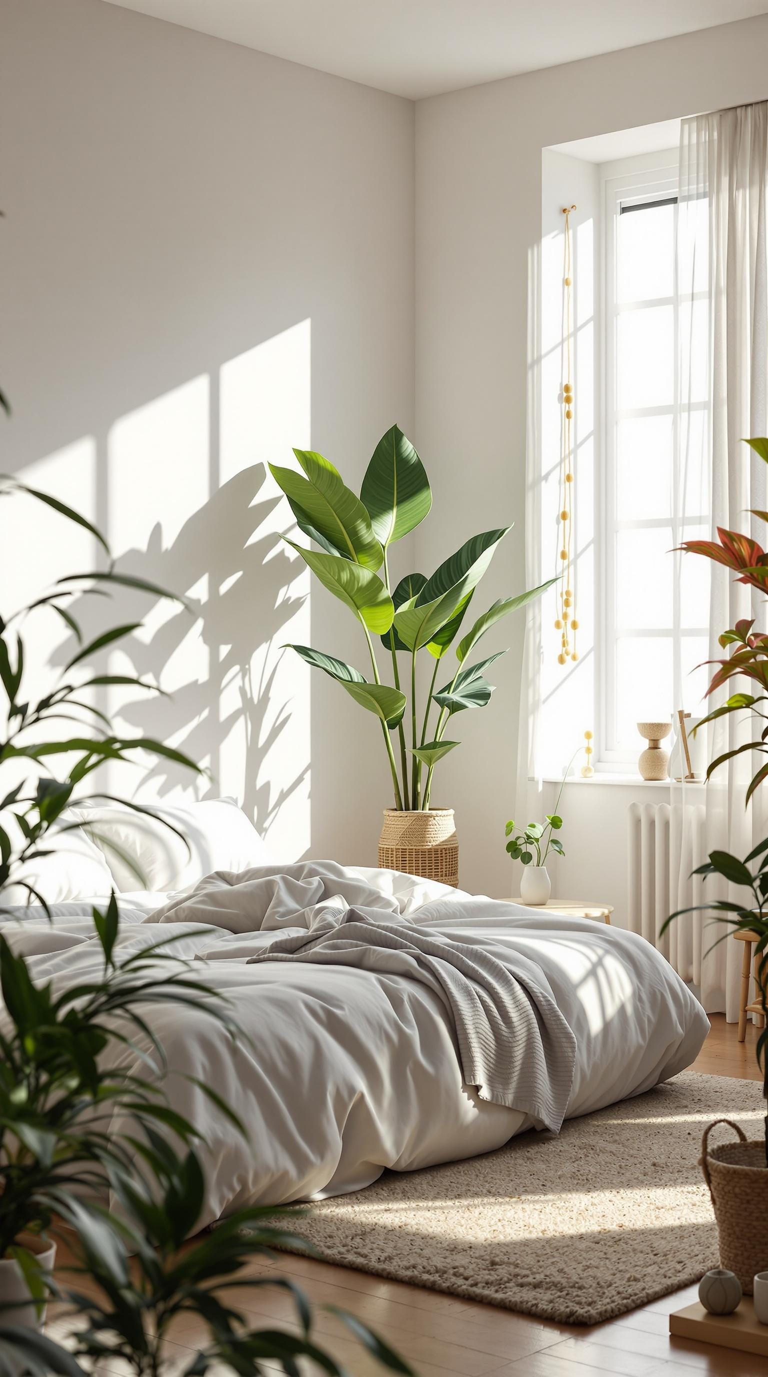 A bright minimalistic bedroom with plants, sunlight, and soft bedding.