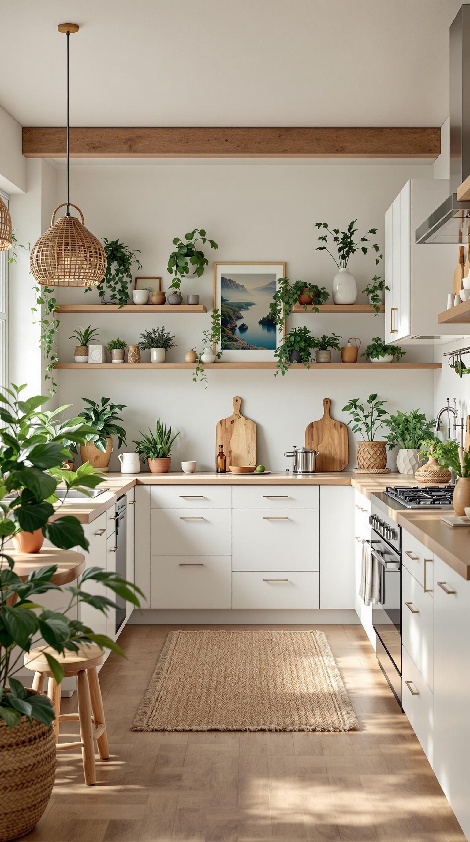 A bright, nature-inspired kitchen filled with plants, wooden shelves, and a warm, inviting atmosphere.