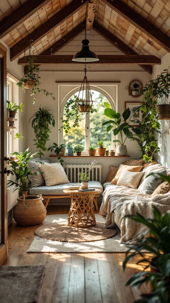 Cozy cabin interior filled with greenery, featuring a large window and comfortable seating