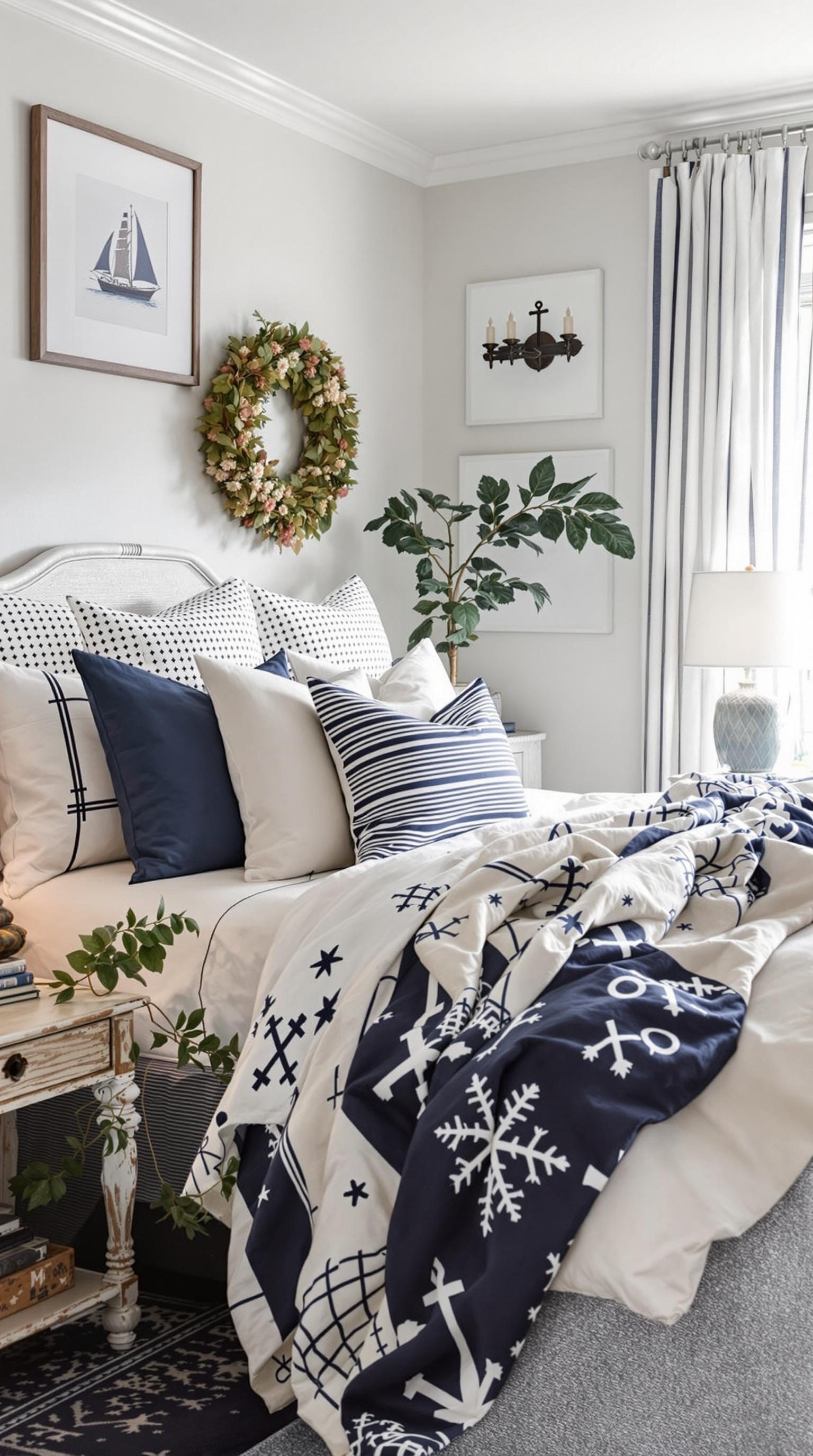 A cozy bedroom featuring nautical-themed textiles with navy and white patterns.