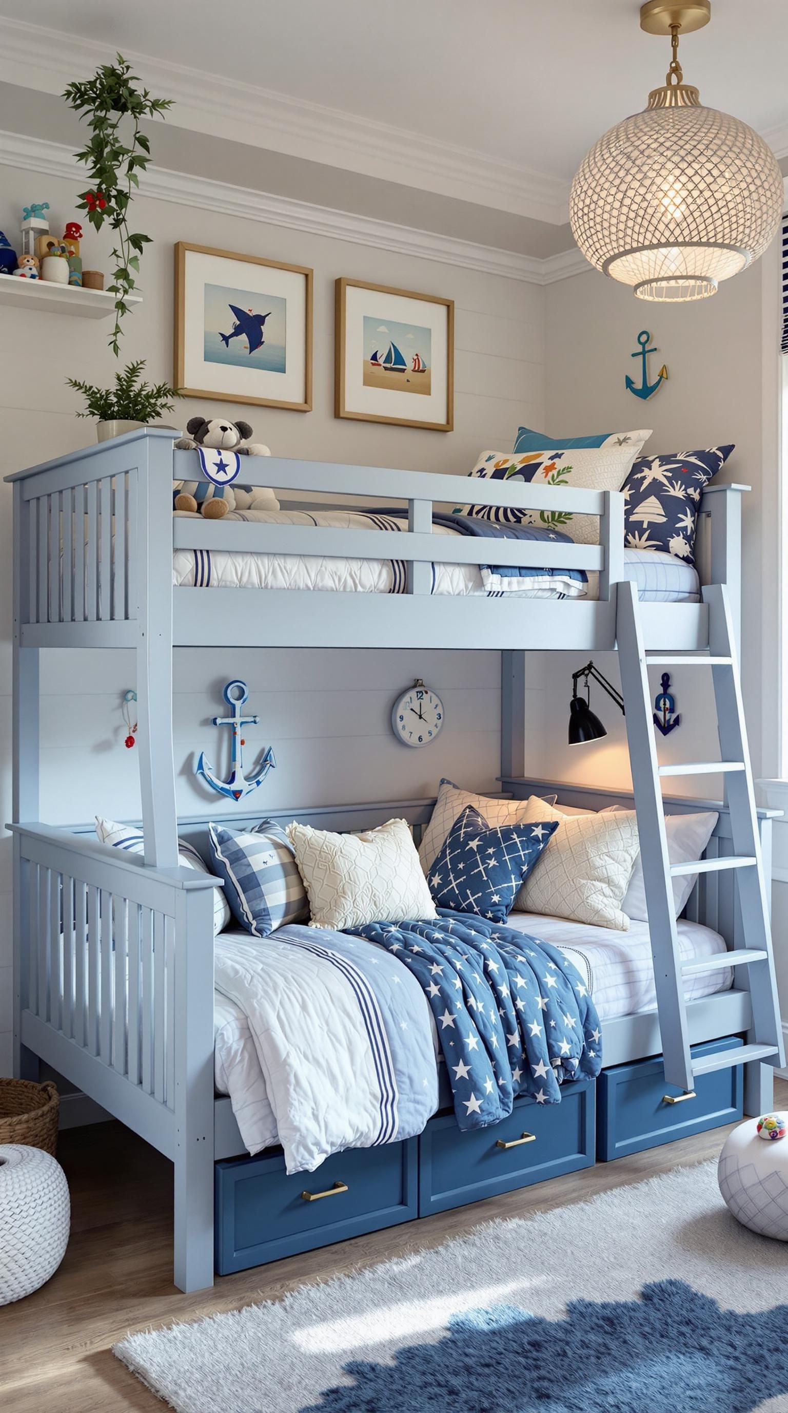 A nautical-themed bunk bed with blue accents, featuring a top bunk and a bottom bunk, decorated with pillows, blankets, and playful nautical decor.