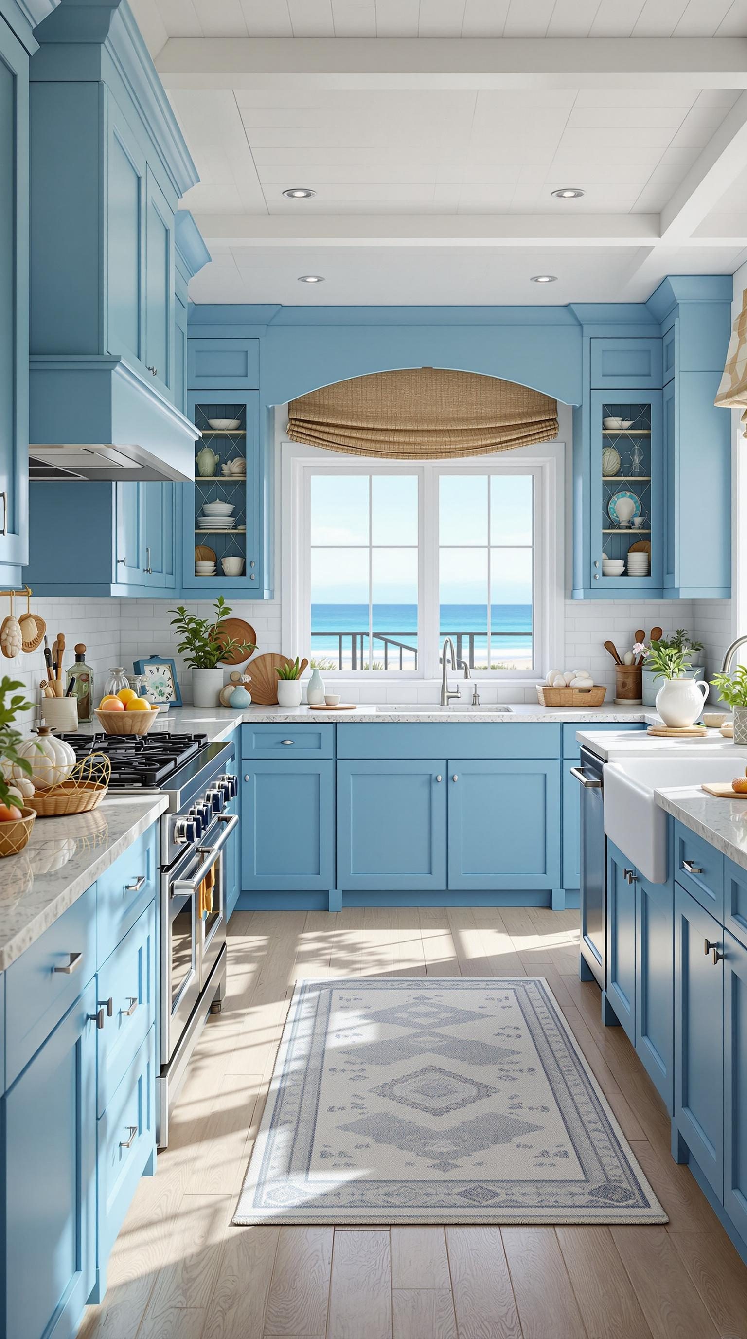 A kitchen with nautical blue cabinets and a view of the ocean.