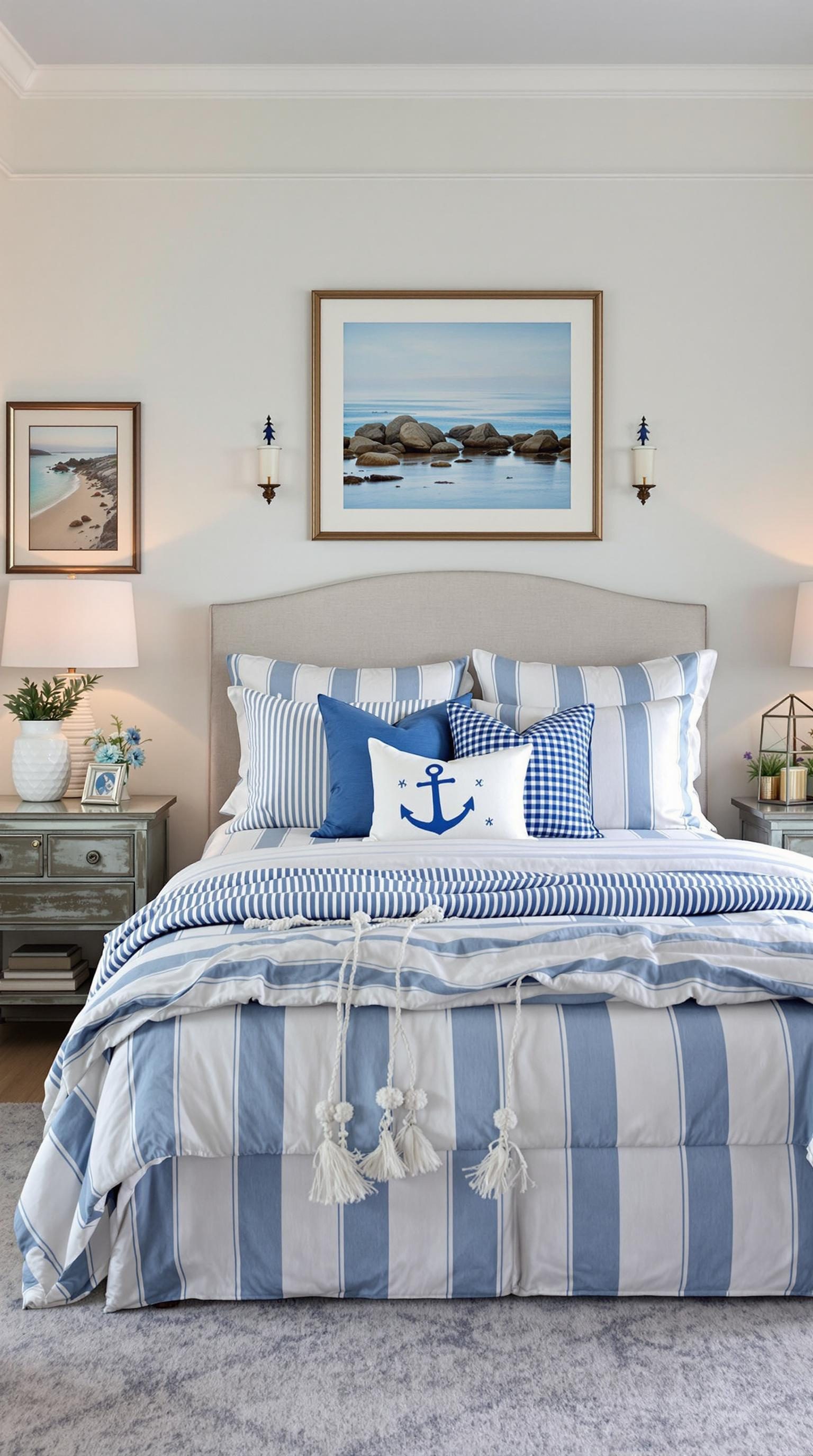 A coastal preppy bedroom featuring nautical stripes and ocean hues.