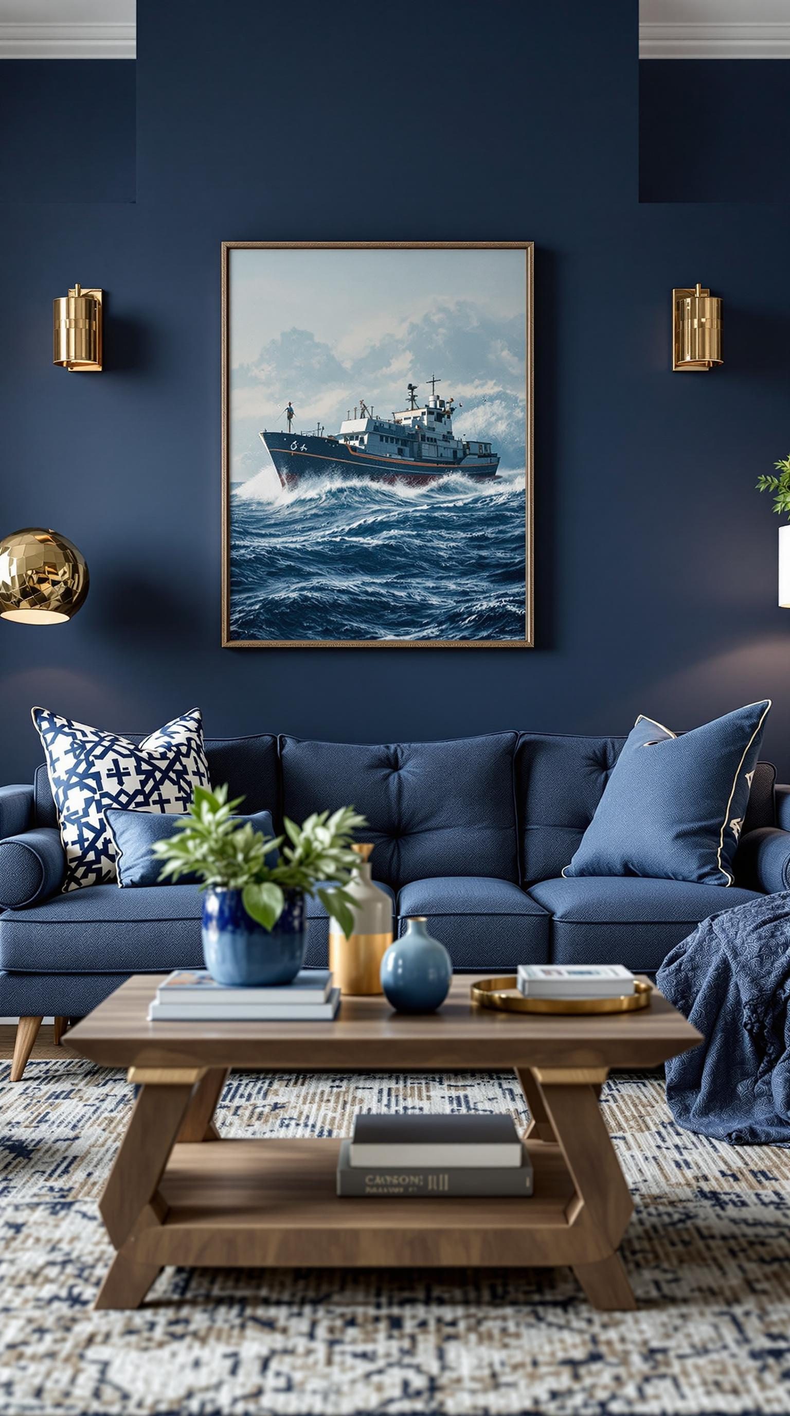 A modern coastal living room featuring deep blue walls, a ship painting, and stylish furniture.