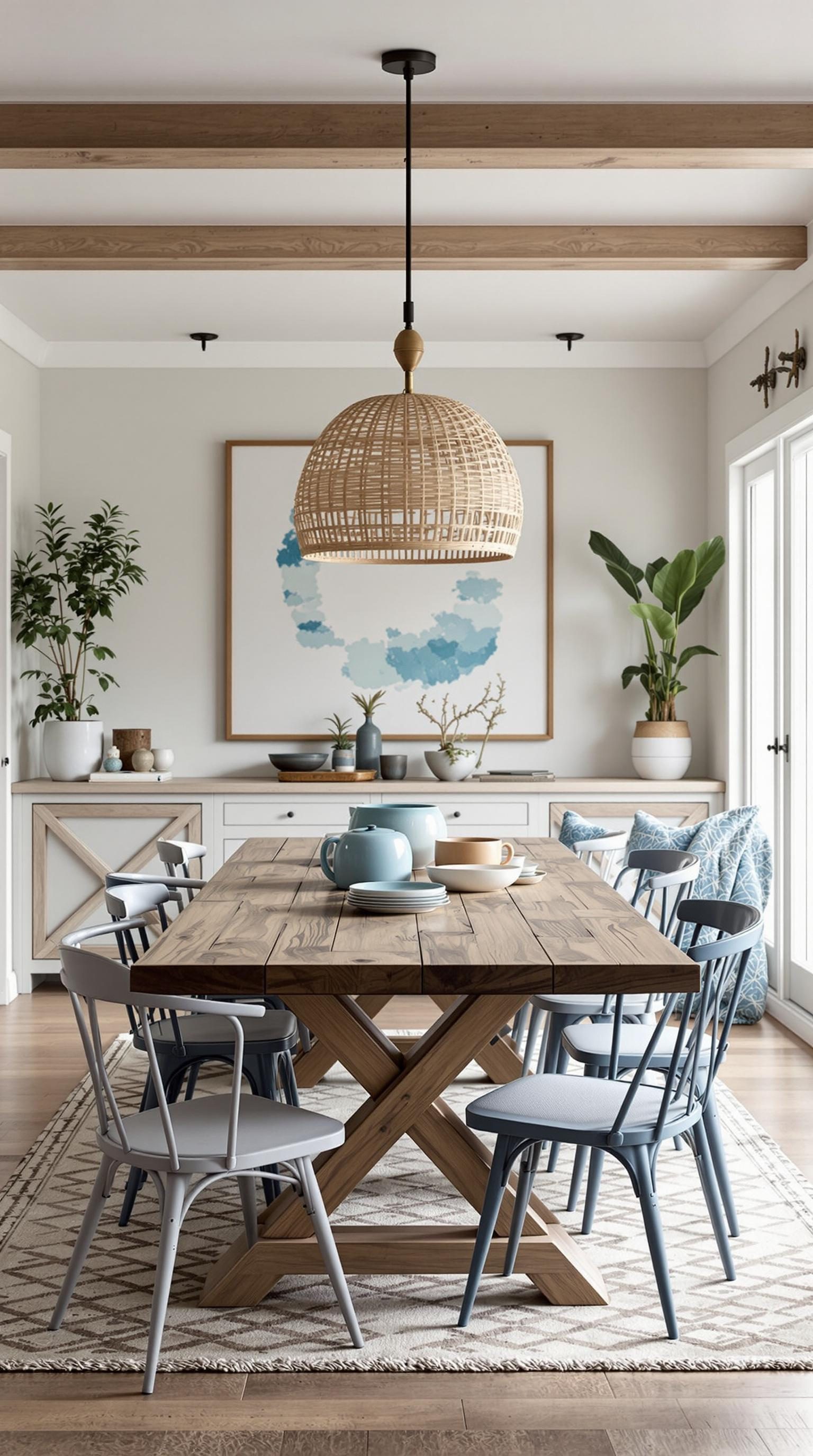 A beautifully designed dining area with ocean-inspired furniture, featuring a wooden table, colorful dishes, and plants.