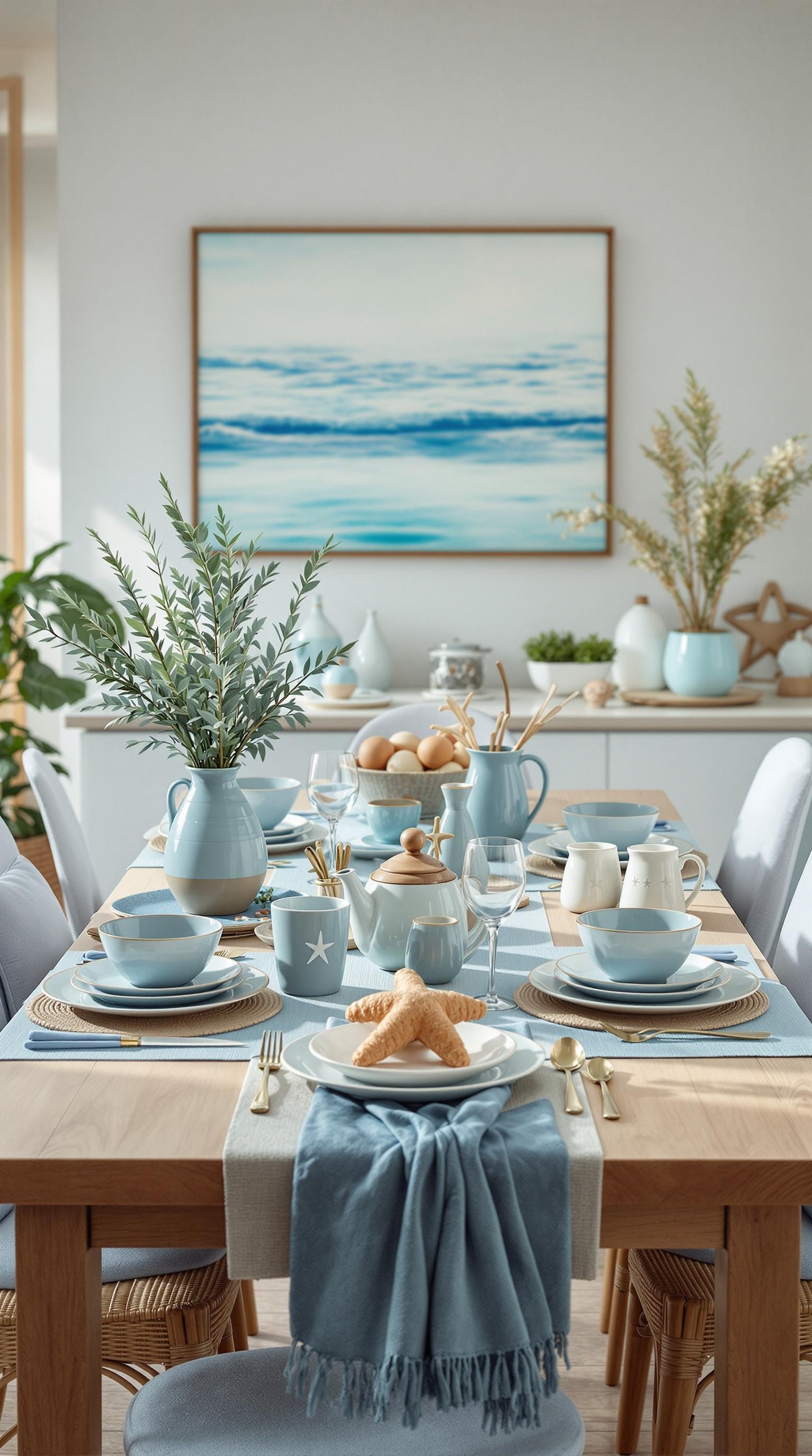 A beautifully set table with ocean-inspired decor featuring blue dishes, a starfish, and greenery.