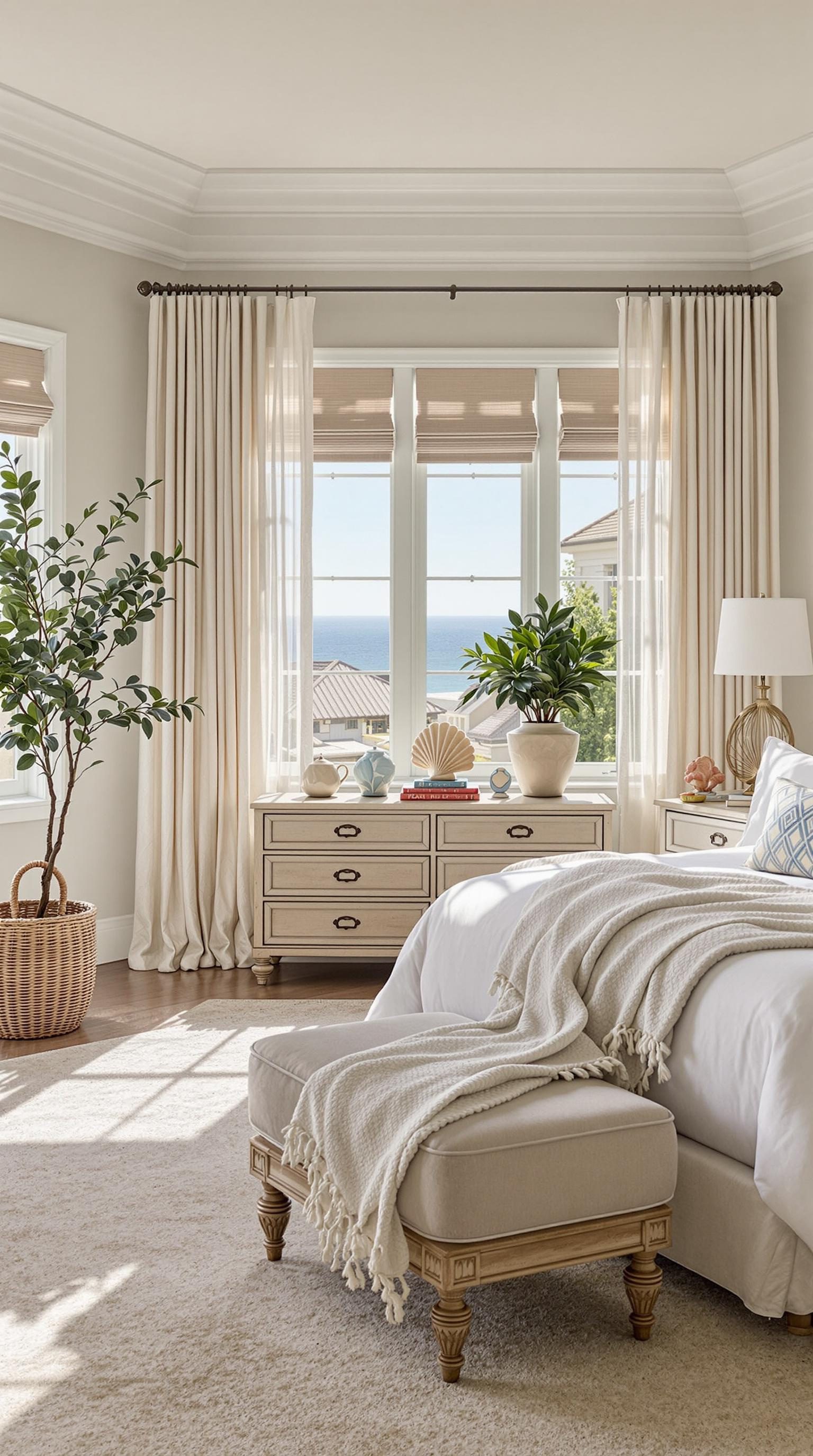 A bright coastal master bedroom with ocean views, featuring natural decor and soft textiles.