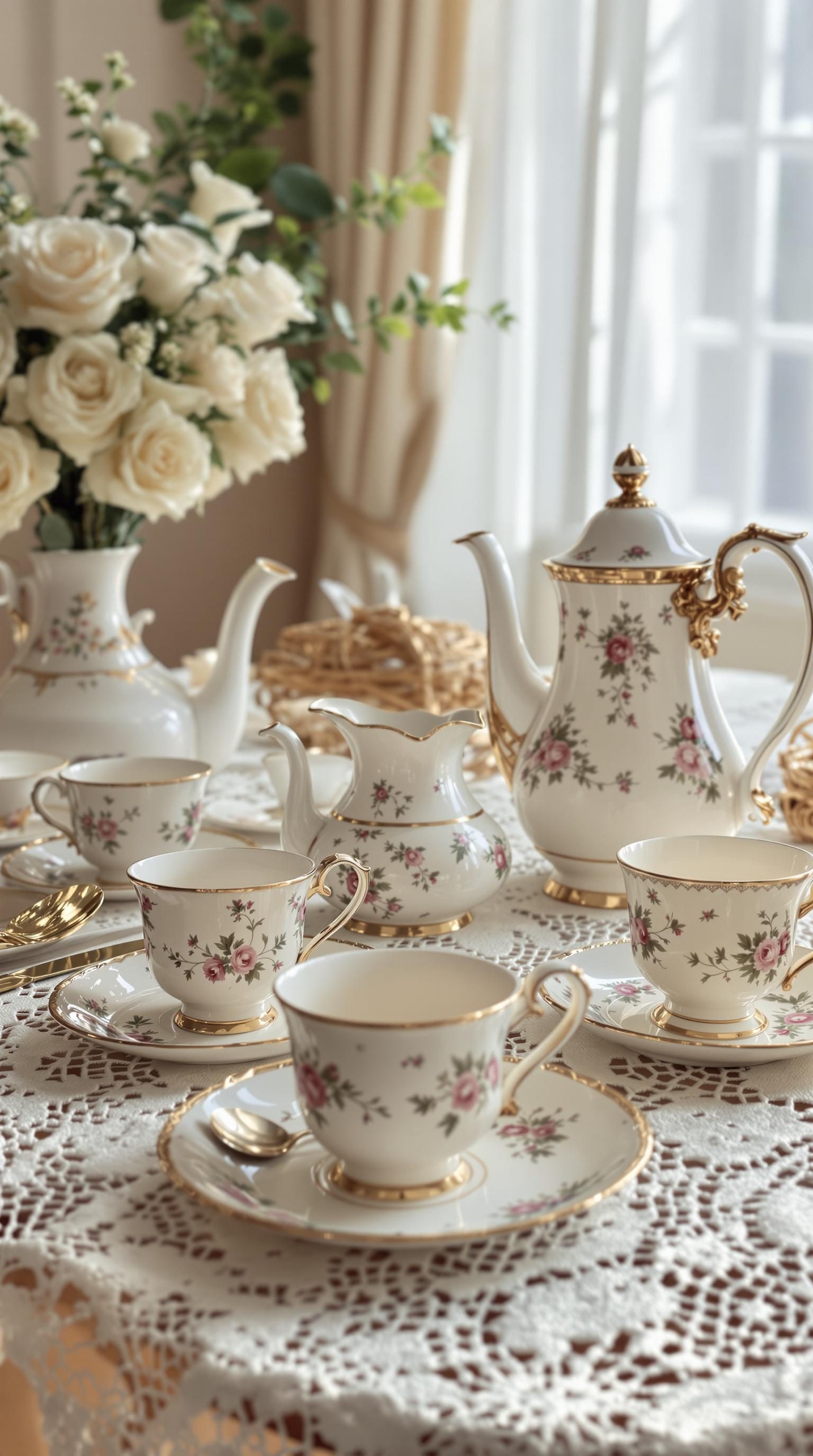 An elegant old-fashioned tea set with floral patterns and gold accents placed on a lace tablecloth, alongside a bouquet of white roses.