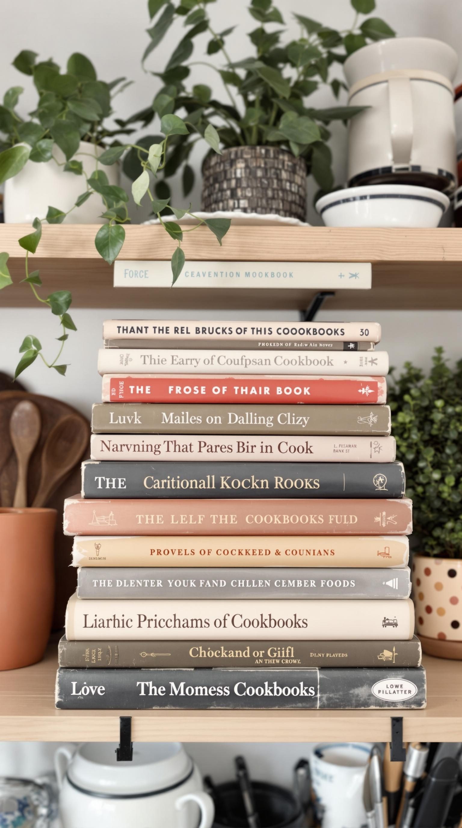 A stack of vintage cookbooks on a wooden shelf with plants in the background.