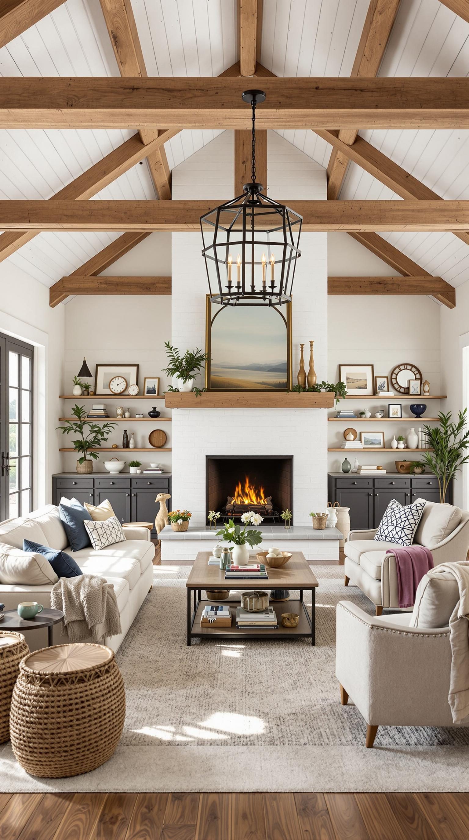 A beautifully designed open-concept living space featuring wooden beams, a cozy fireplace, and modern farmhouse interior elements.