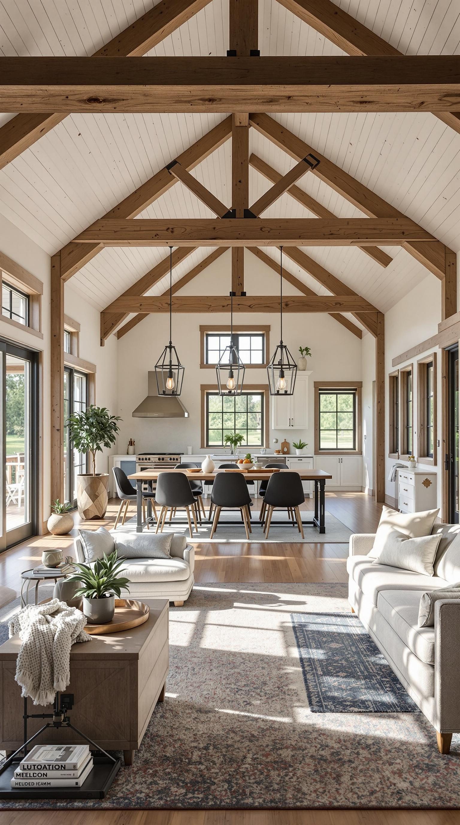 A spacious open-concept living area with high wooden beams, a large dining table, and a cozy seating arrangement.