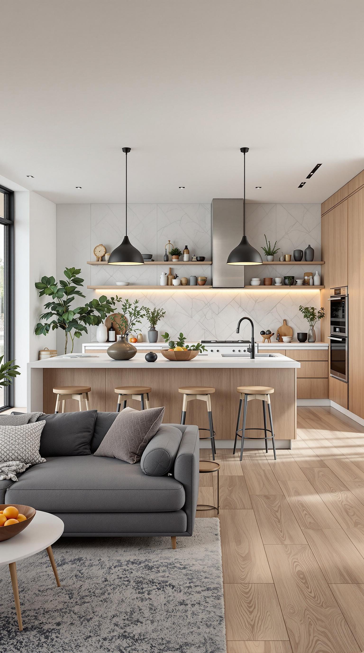 An open concept kitchen and living area with modern decor.