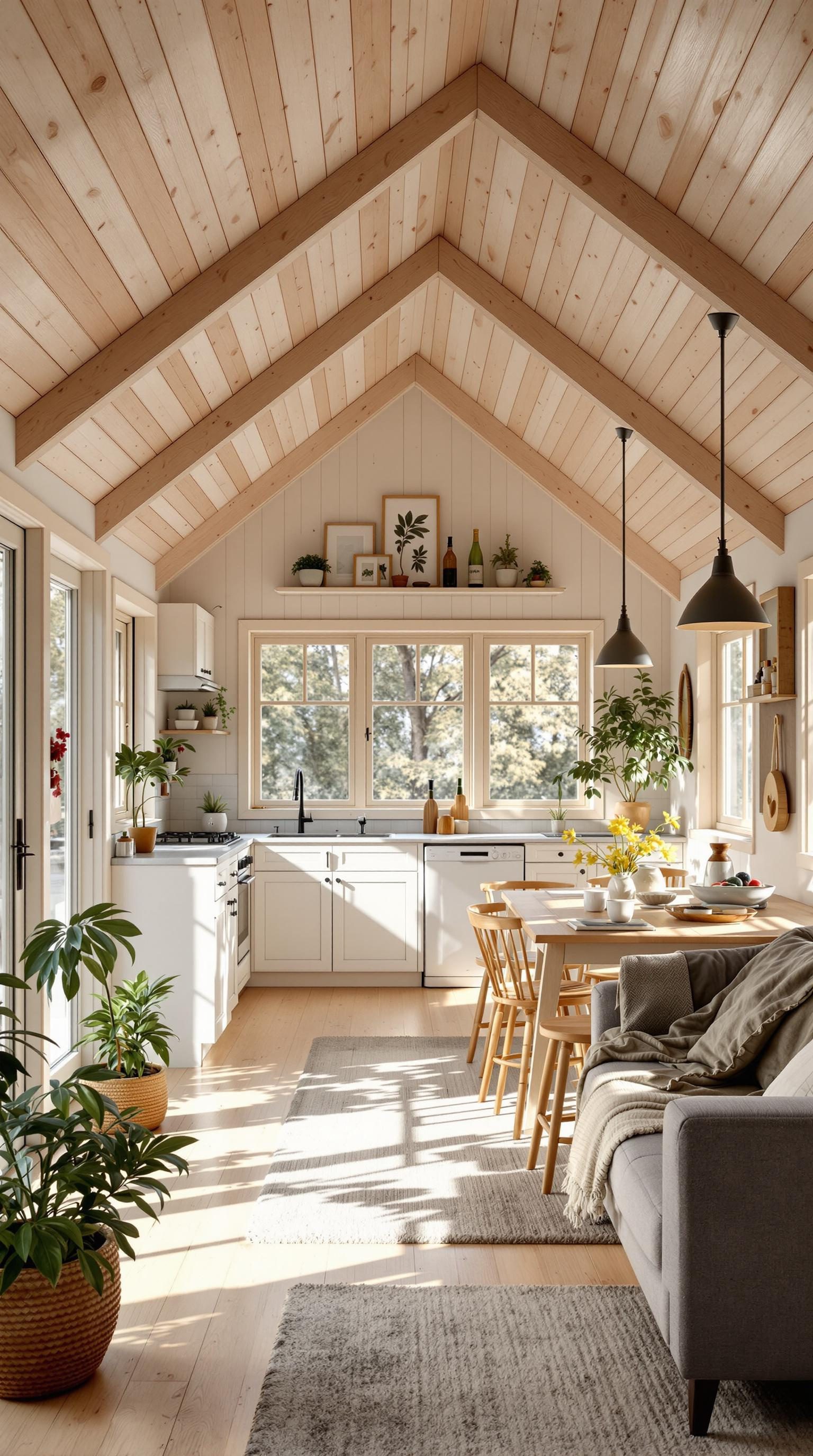 A bright, open concept living space with a cozy cabin feel, featuring a kitchen, dining area, and plants.