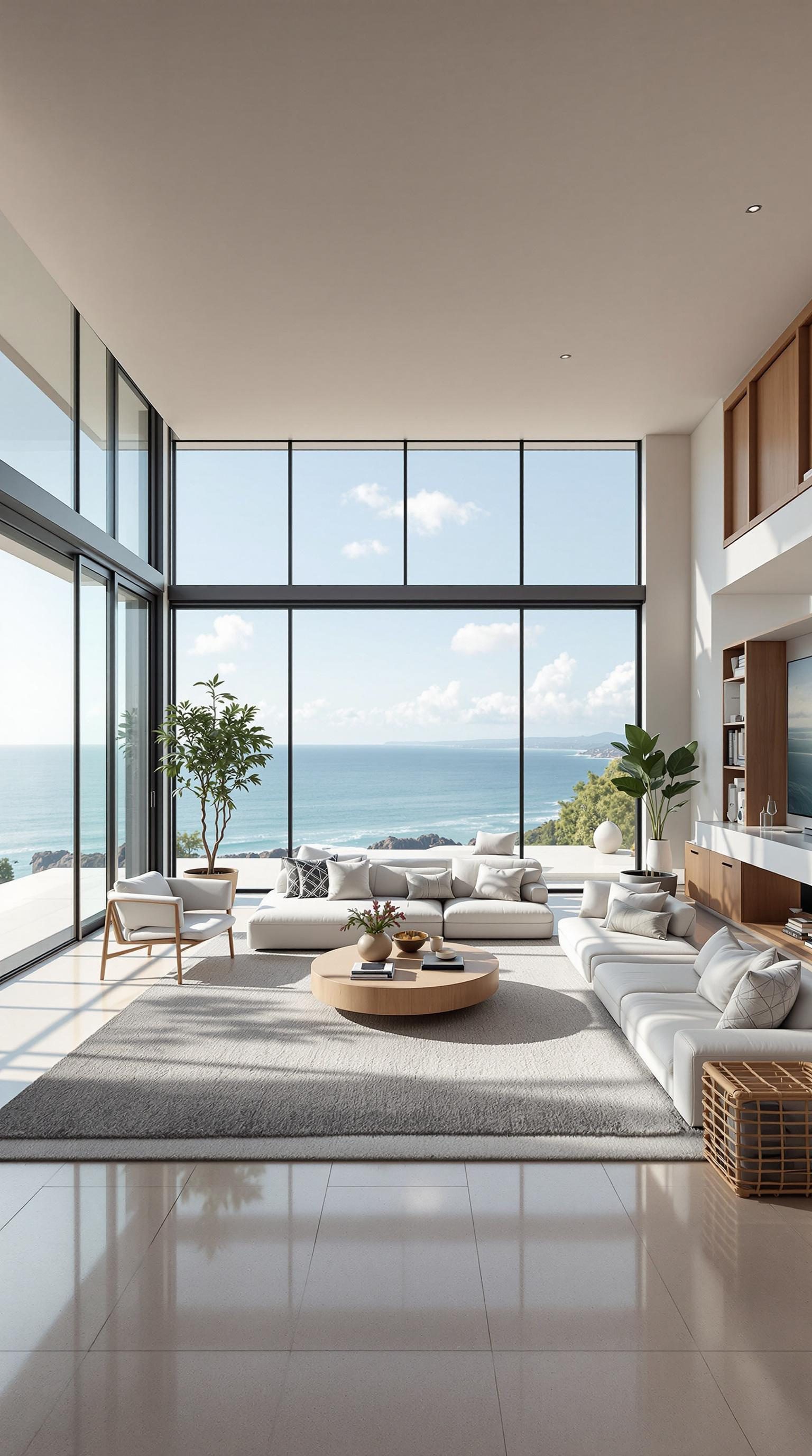 A modern coastal living room with large windows showcasing ocean views.