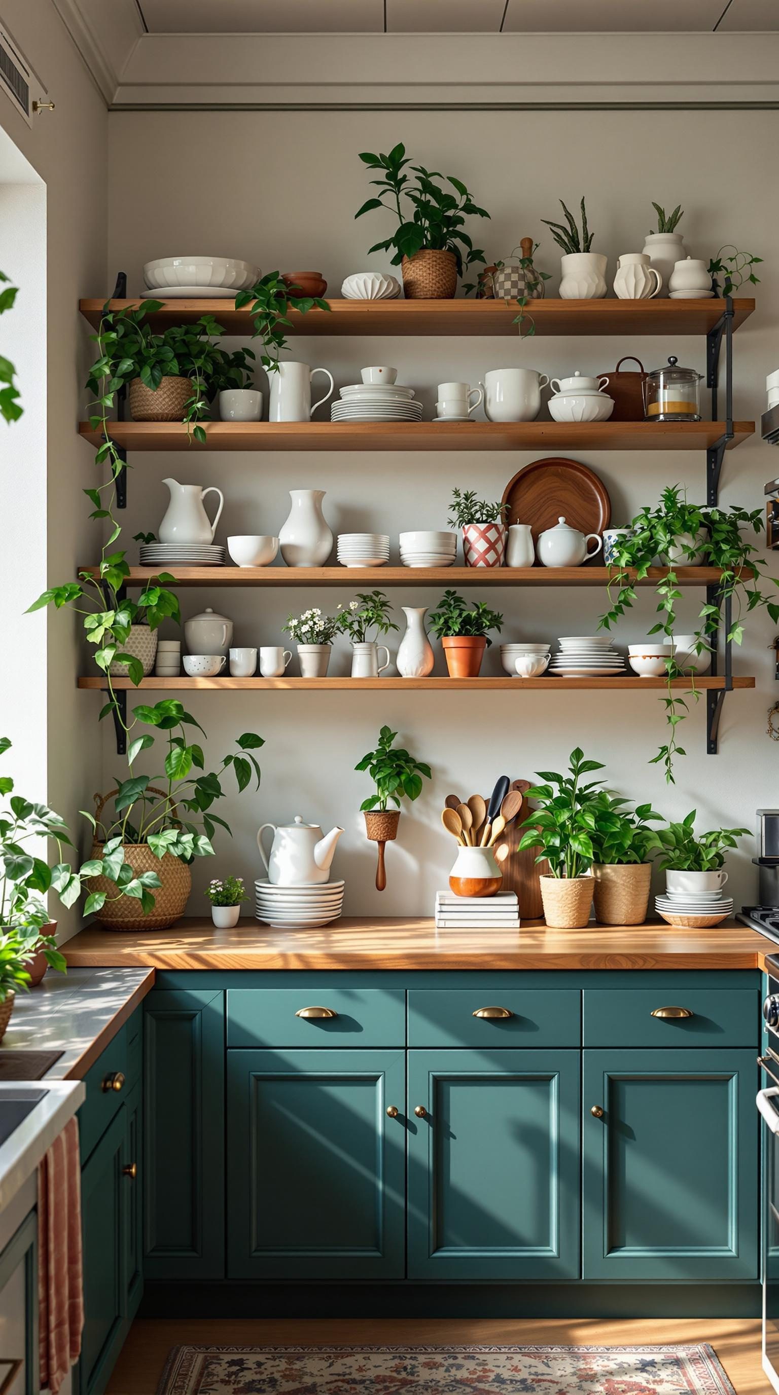 A cozy kitchen with open shelving filled with white dishware and potted plants.