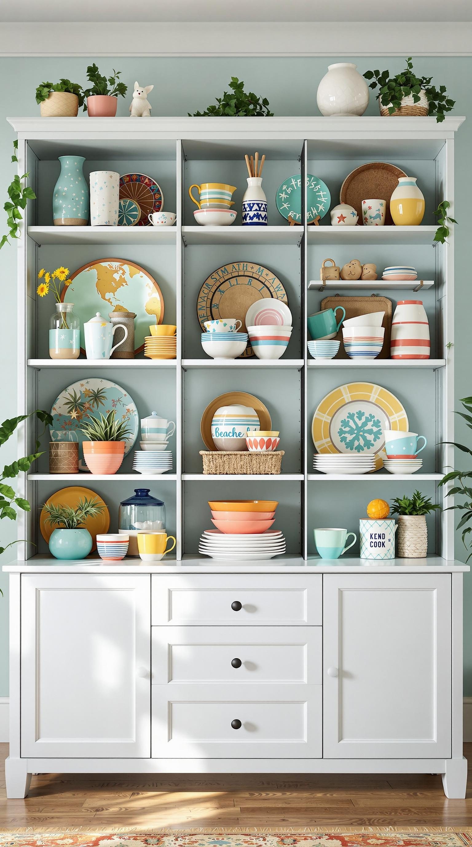 Colorful open shelving displaying coastal decor and kitchen items.