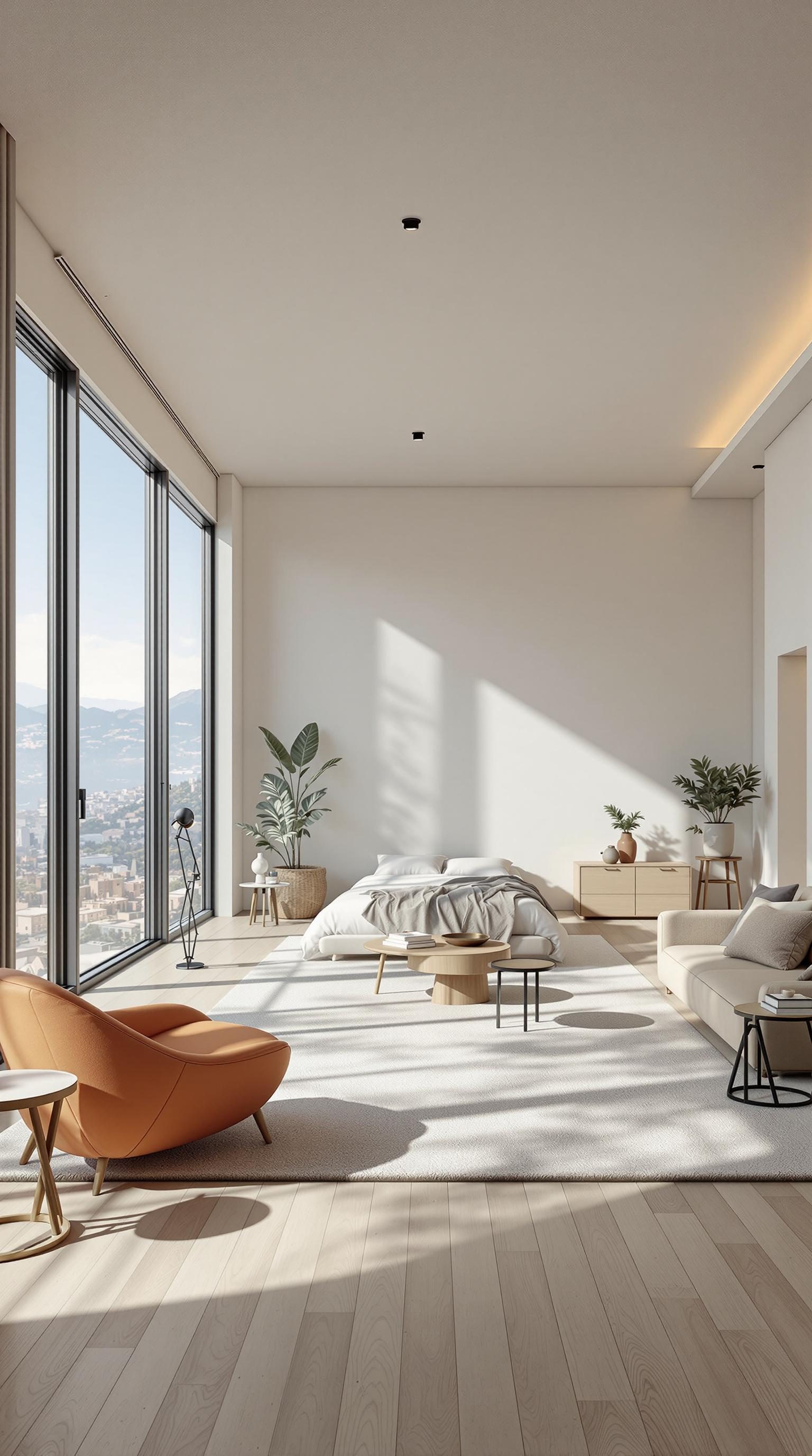 A minimalistic bedroom with large windows, light wood flooring, and simple furniture.