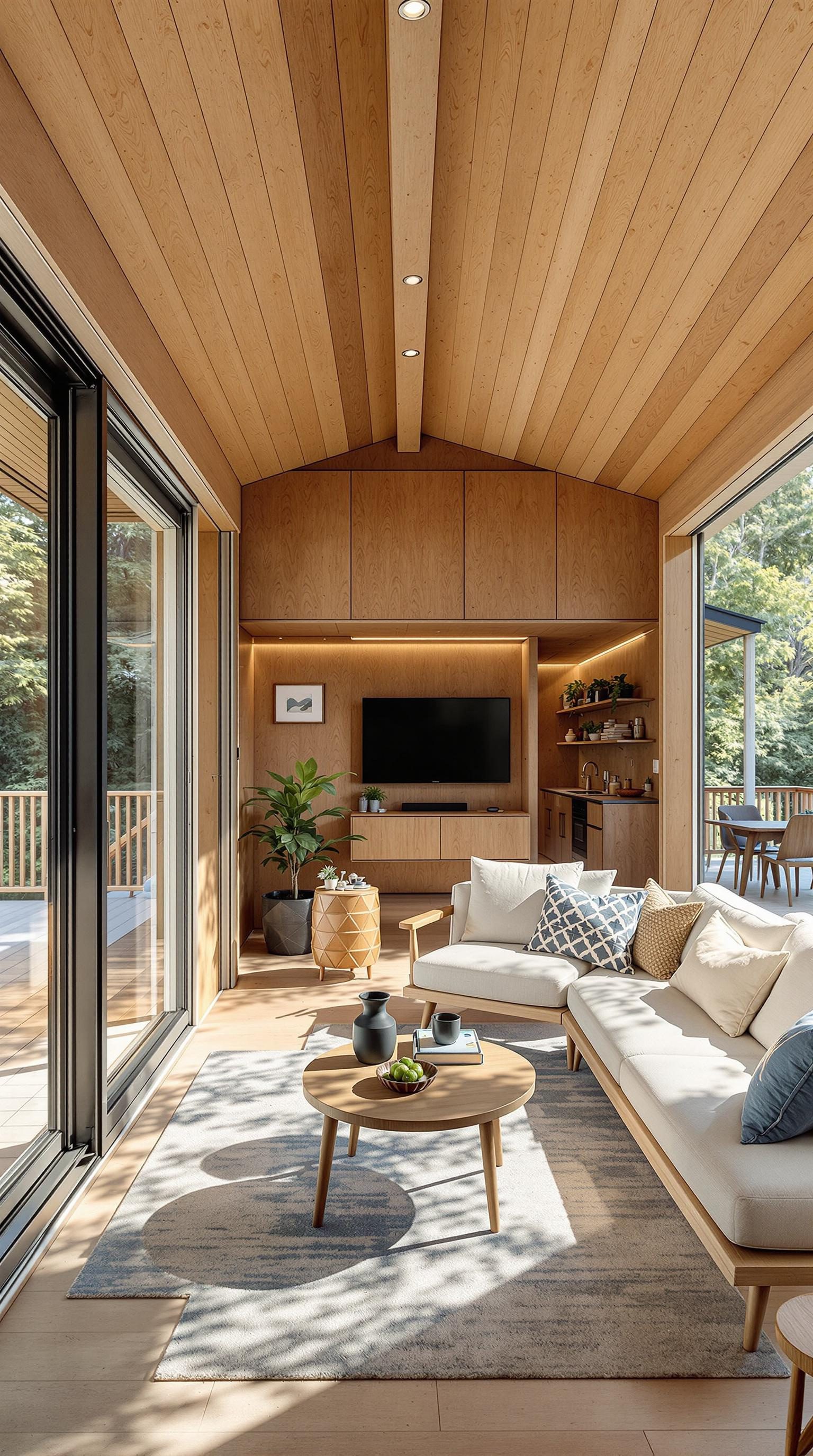 Cozy cabin interior with wood accents and large windows