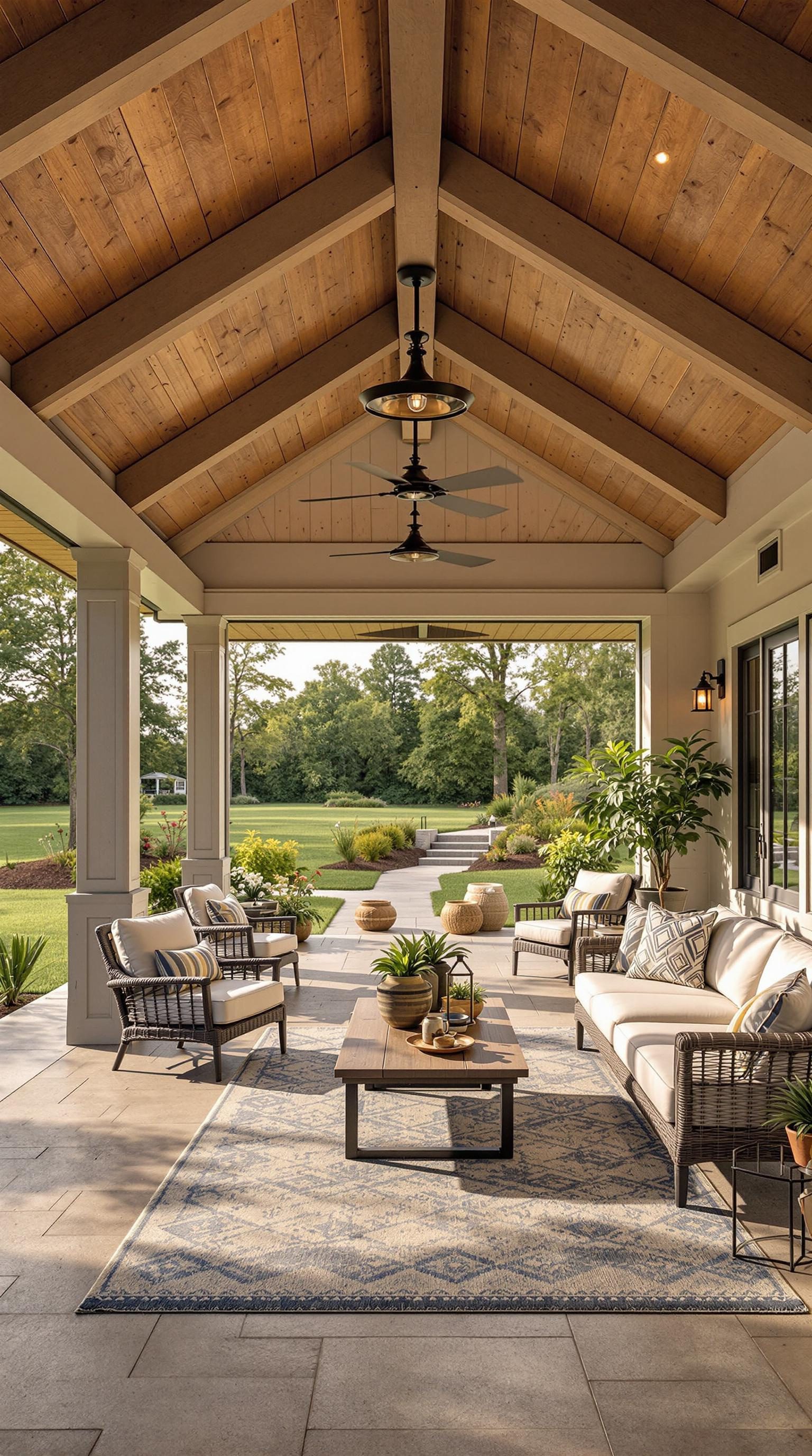 Stylish outdoor living space with cozy seating and a view of greenery