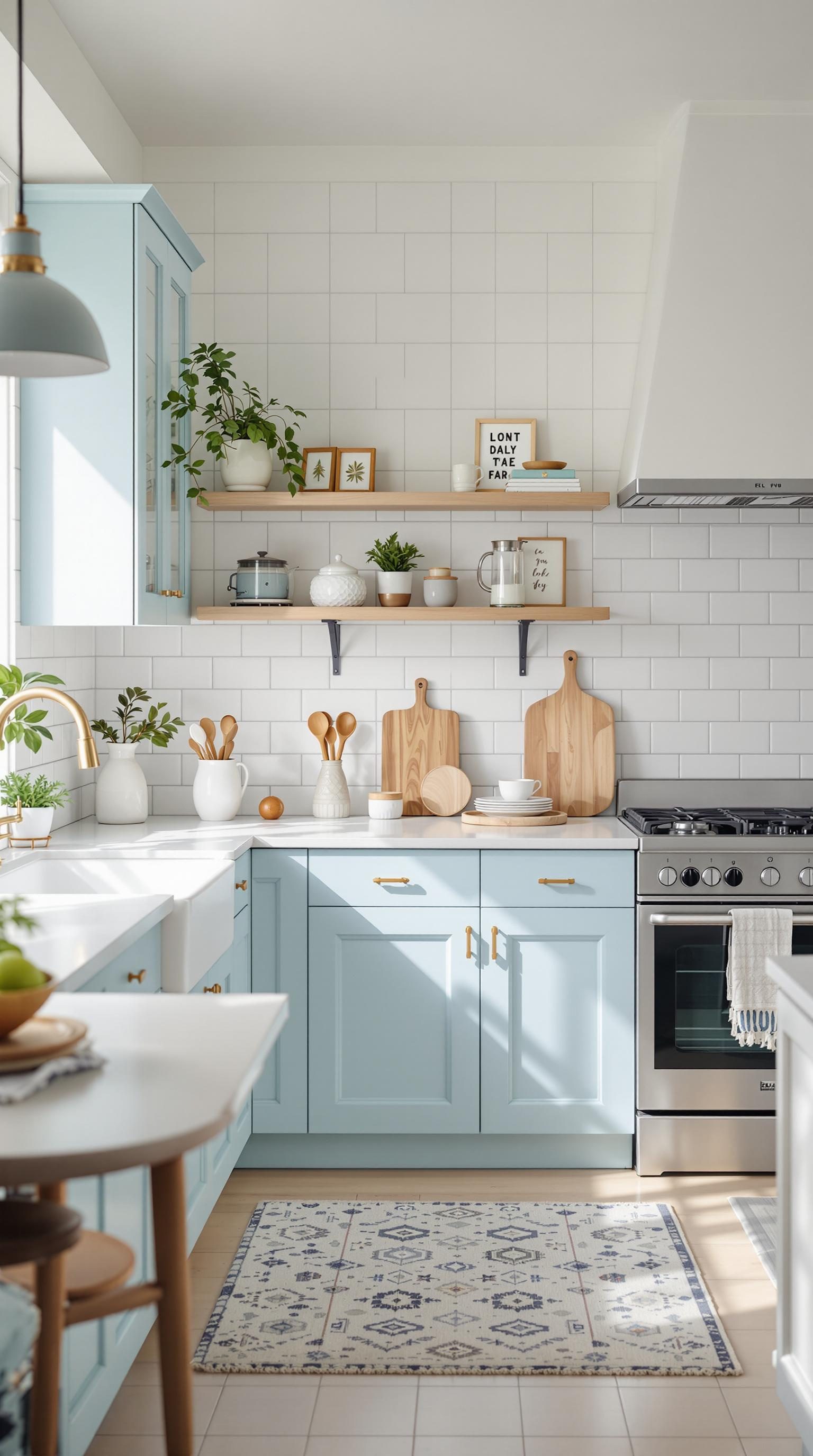 A bright kitchen with pale blue cabinets and wooden accents.