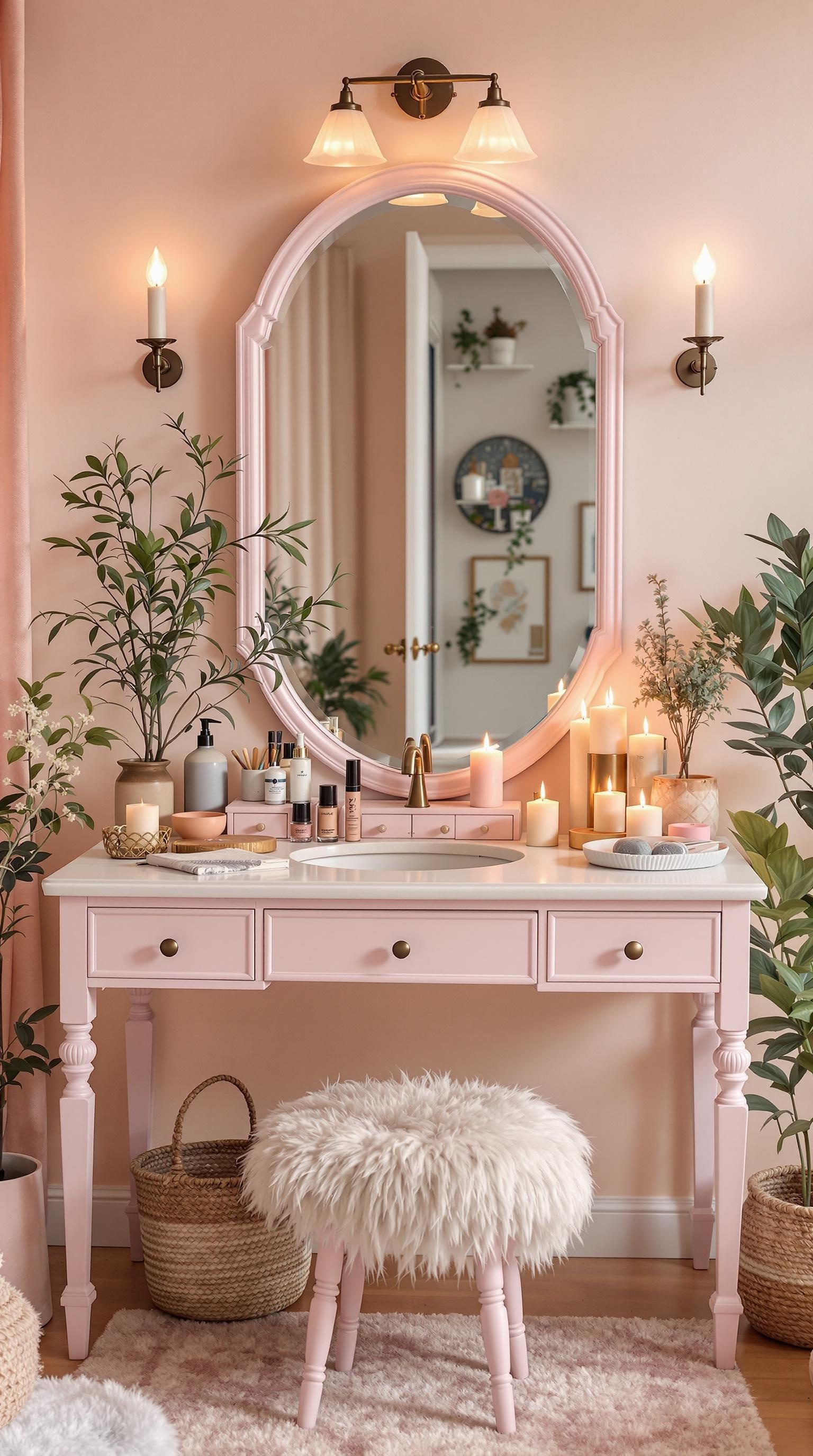 A pastel-toned vanity setup featuring a pink table, fluffy stool, candles, and plants.