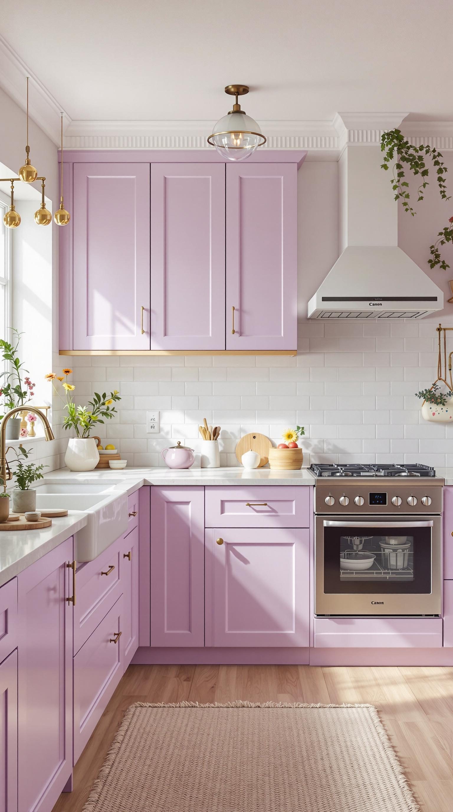 A modern kitchen featuring pastel lavender cabinets with gold accents, a white backsplash, and plants.