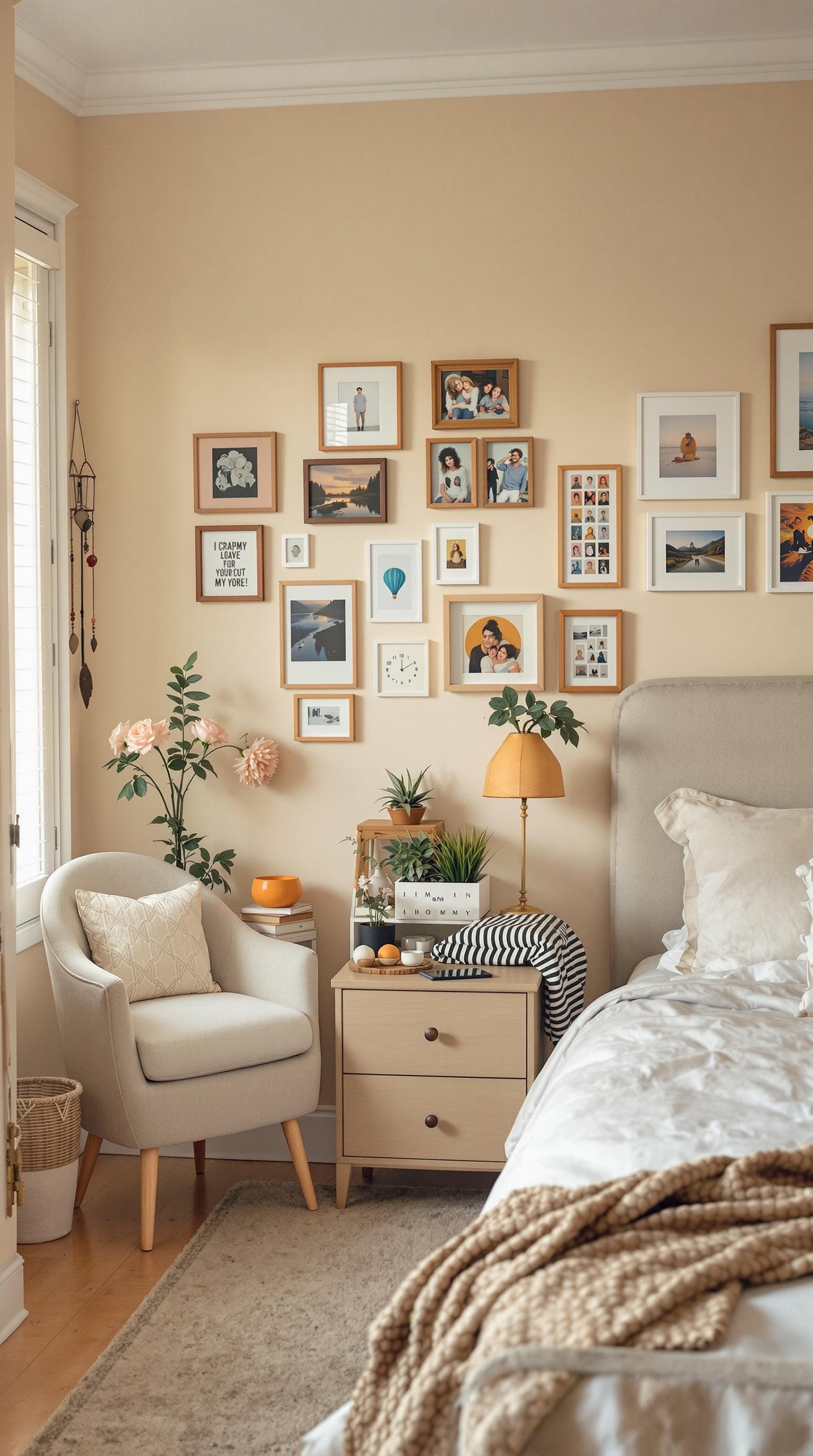 Cozy beige bedroom with personal decor and plants