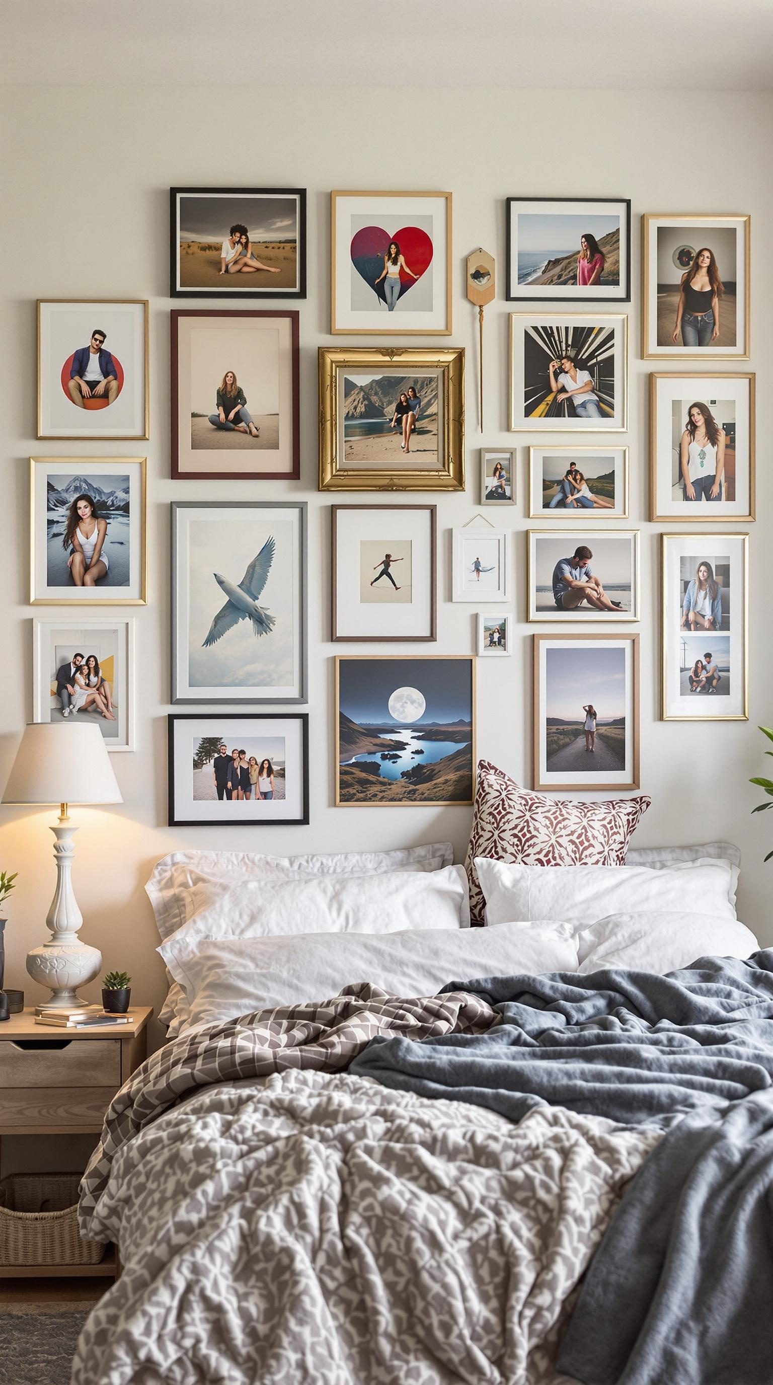 A stylish gallery wall with various framed photos above a cozy bed.