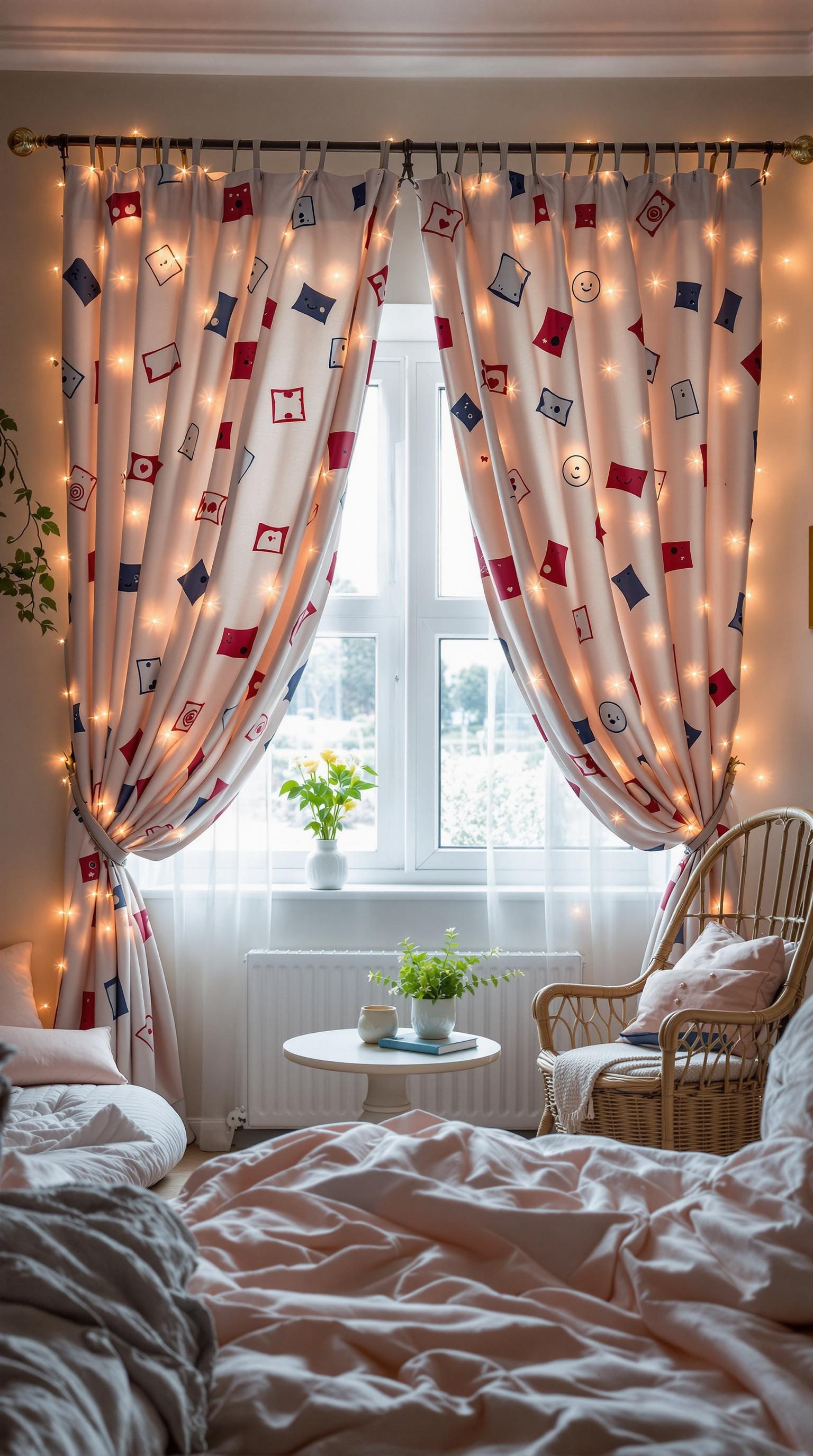 Pillowcase-patterned curtains with twinkling lights framing a window in a cozy bedroom