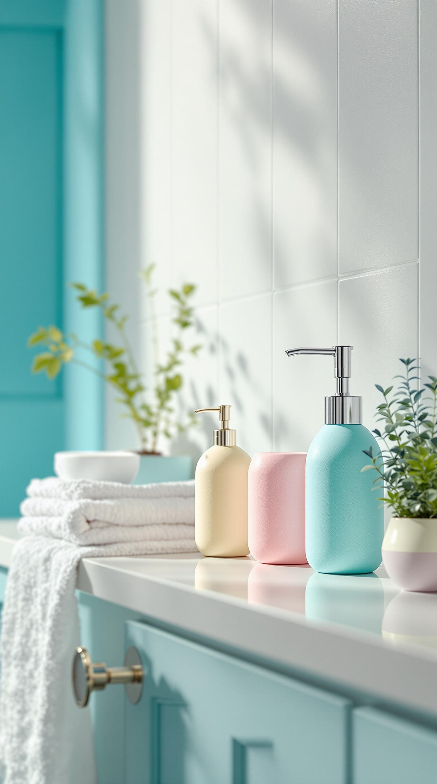 Pastel-colored bath accessories on a countertop with towels and plants.