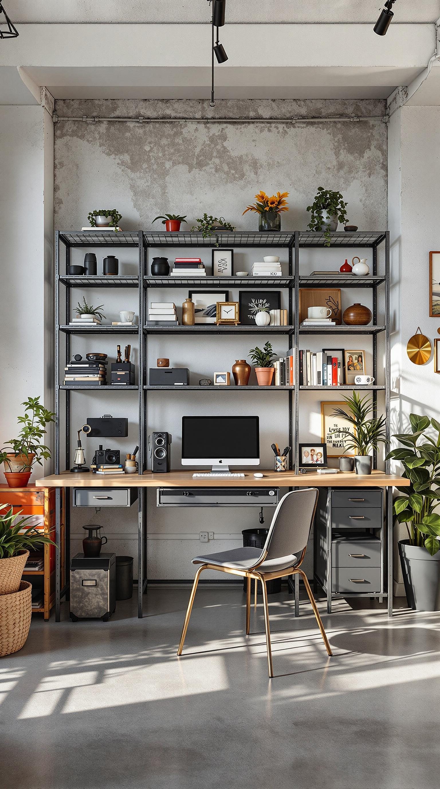 A stylish home office featuring raw metal shelves, plants, and a modern desk setup.