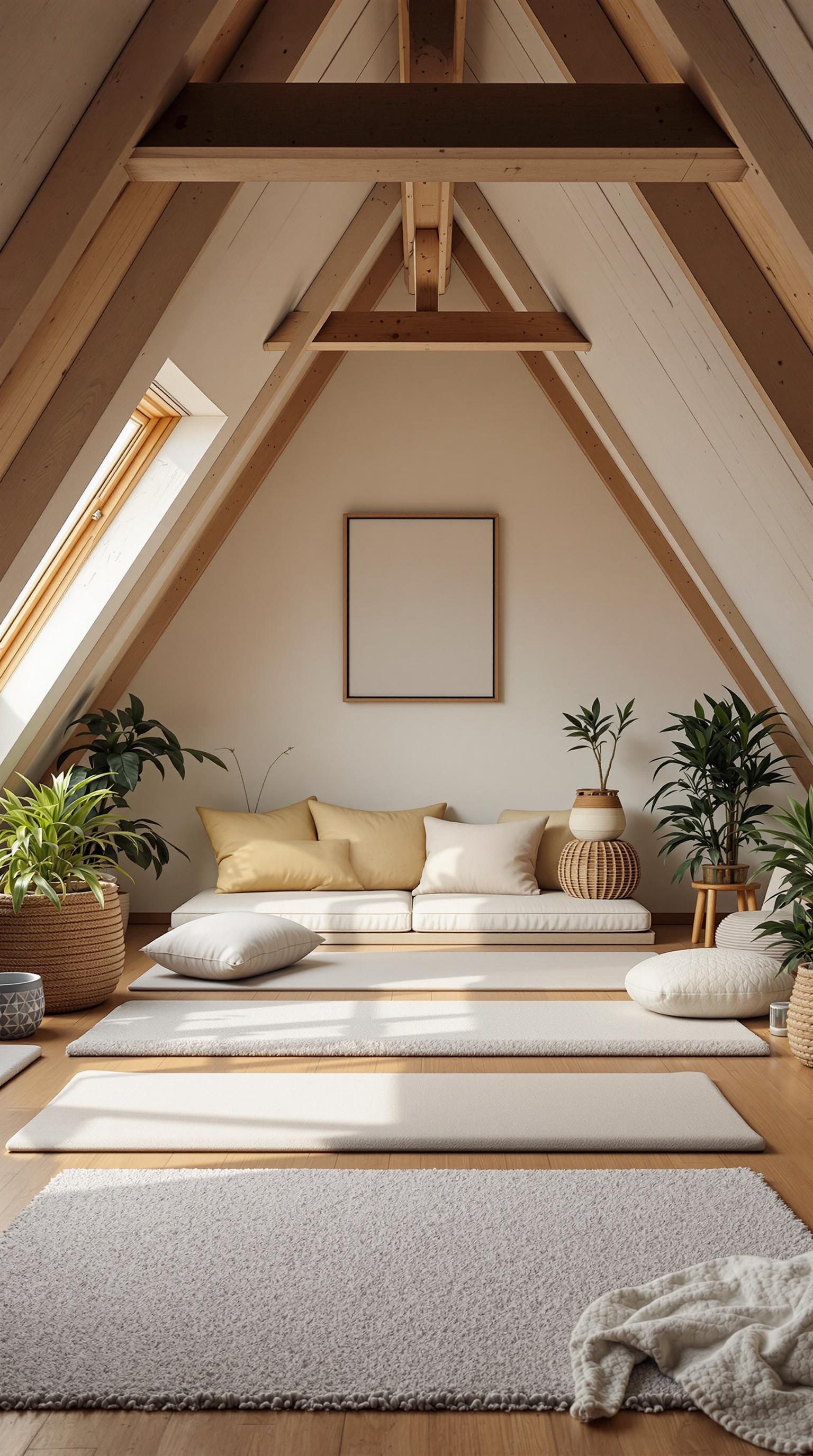 Cozy meditation space in an attic with soft cushions and plants