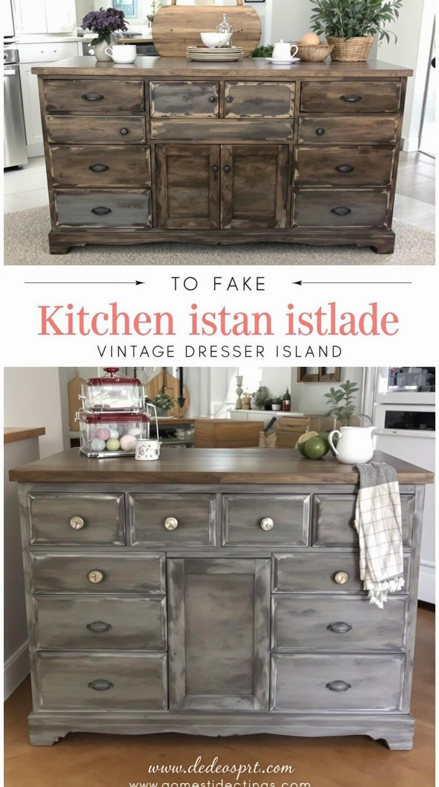 A vintage dresser repurposed as a kitchen island with decorative items on top.