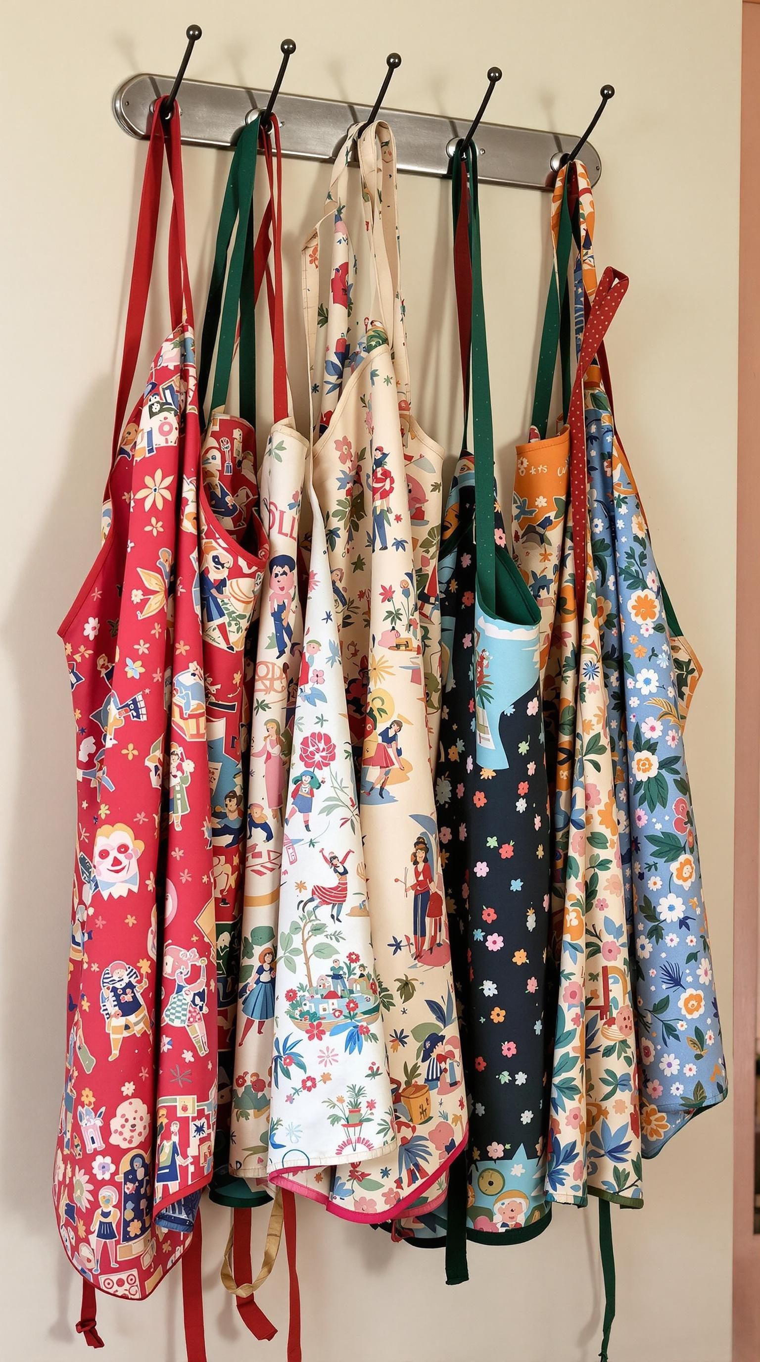 A collection of retro aprons hanging on a rack in various vibrant patterns and colors.