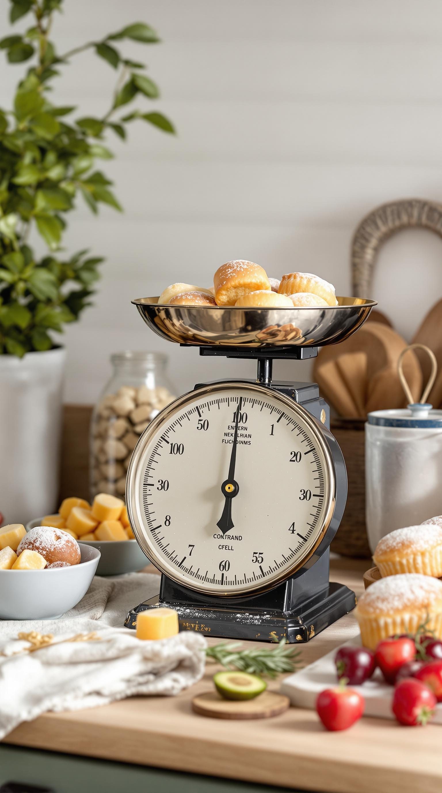 A retro kitchen scale with baked goods on top, surrounded by fresh ingredients.