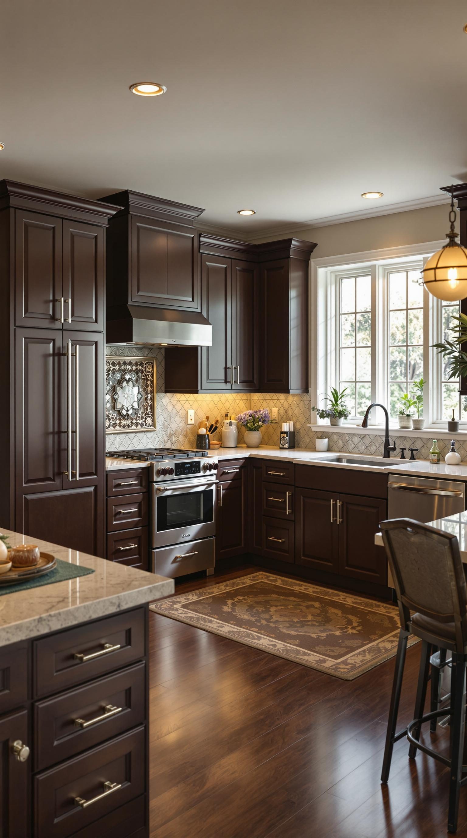 A modern kitchen featuring dark espresso cabinets, stainless steel appliances, and a warm color palette.