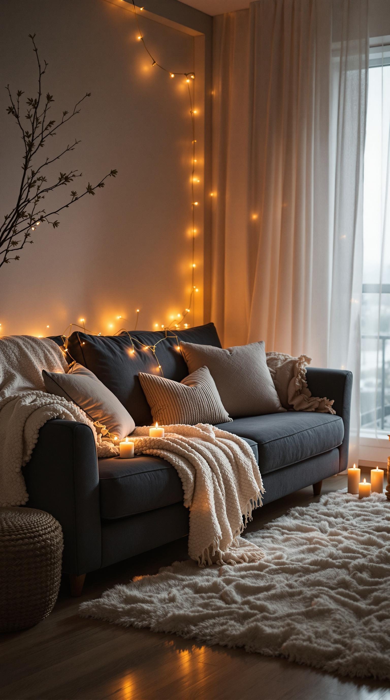 Cozy living room with a dark grey couch, candles, and fairy lights creating a warm atmosphere.