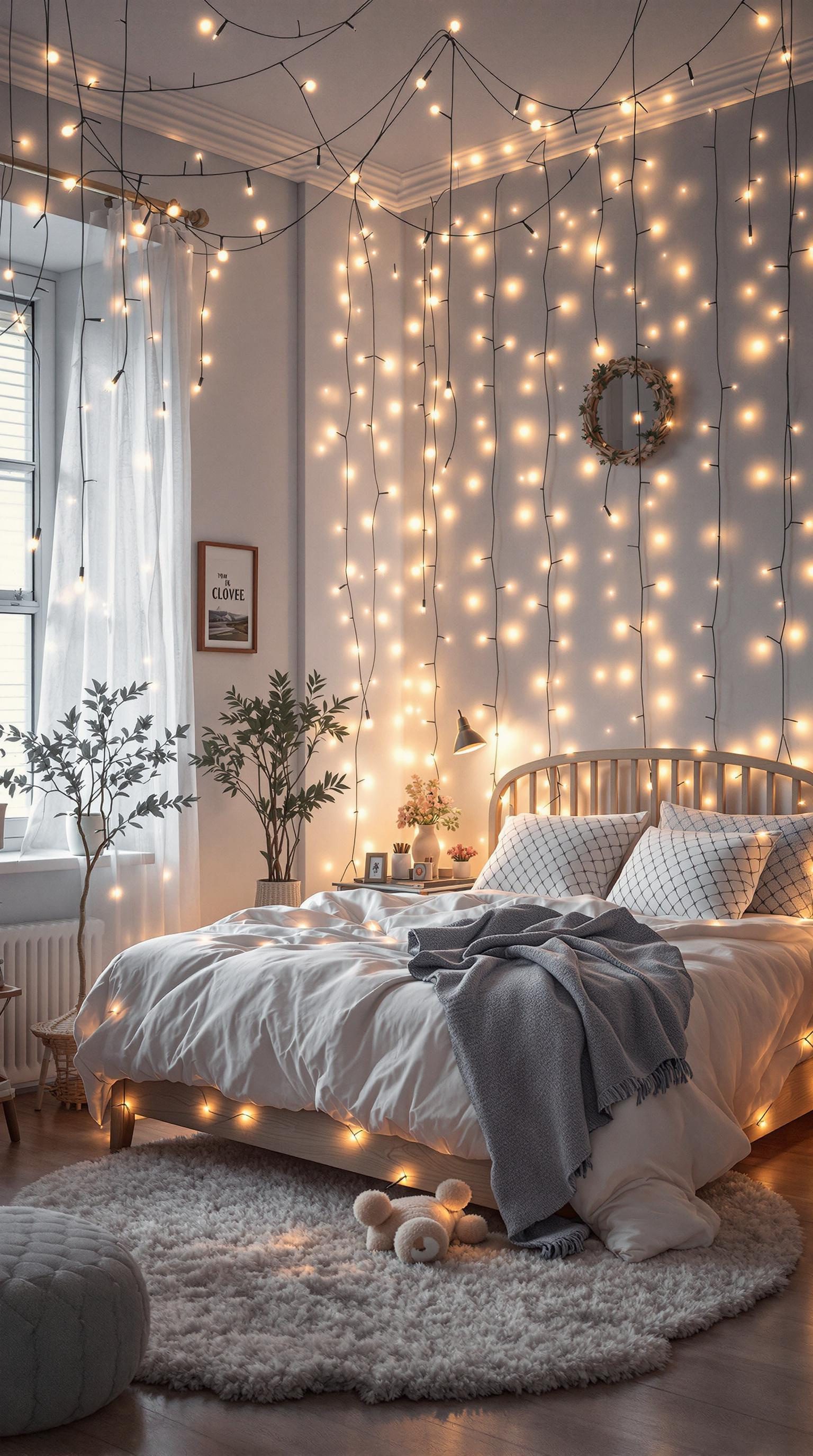 A cozy bedroom decorated with fairy lights, featuring a bed, soft rug, and plants.