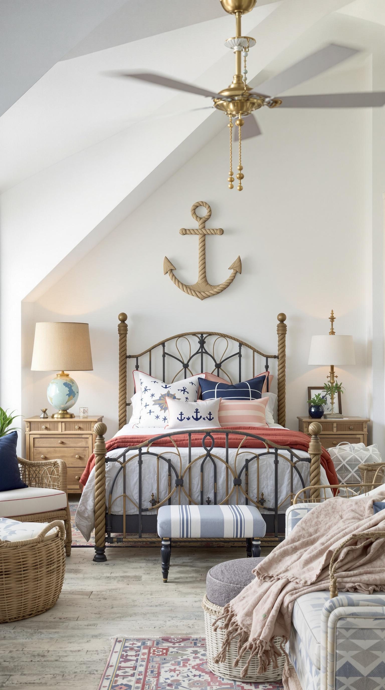 Coastal preppy bedroom featuring rope accents and an anchor decoration.