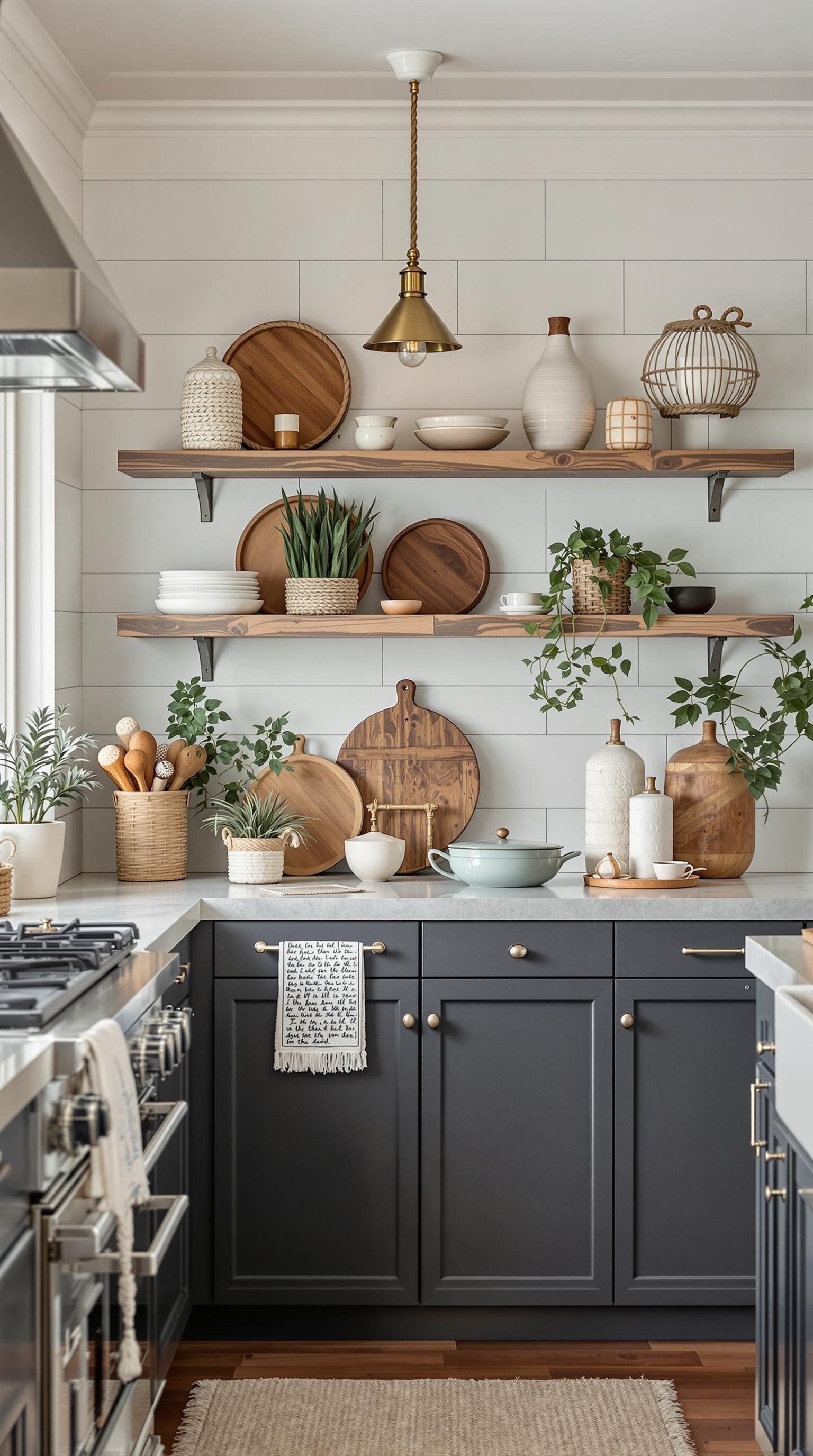 A coastal-inspired kitchen with wooden shelves, plants, and decorative items.