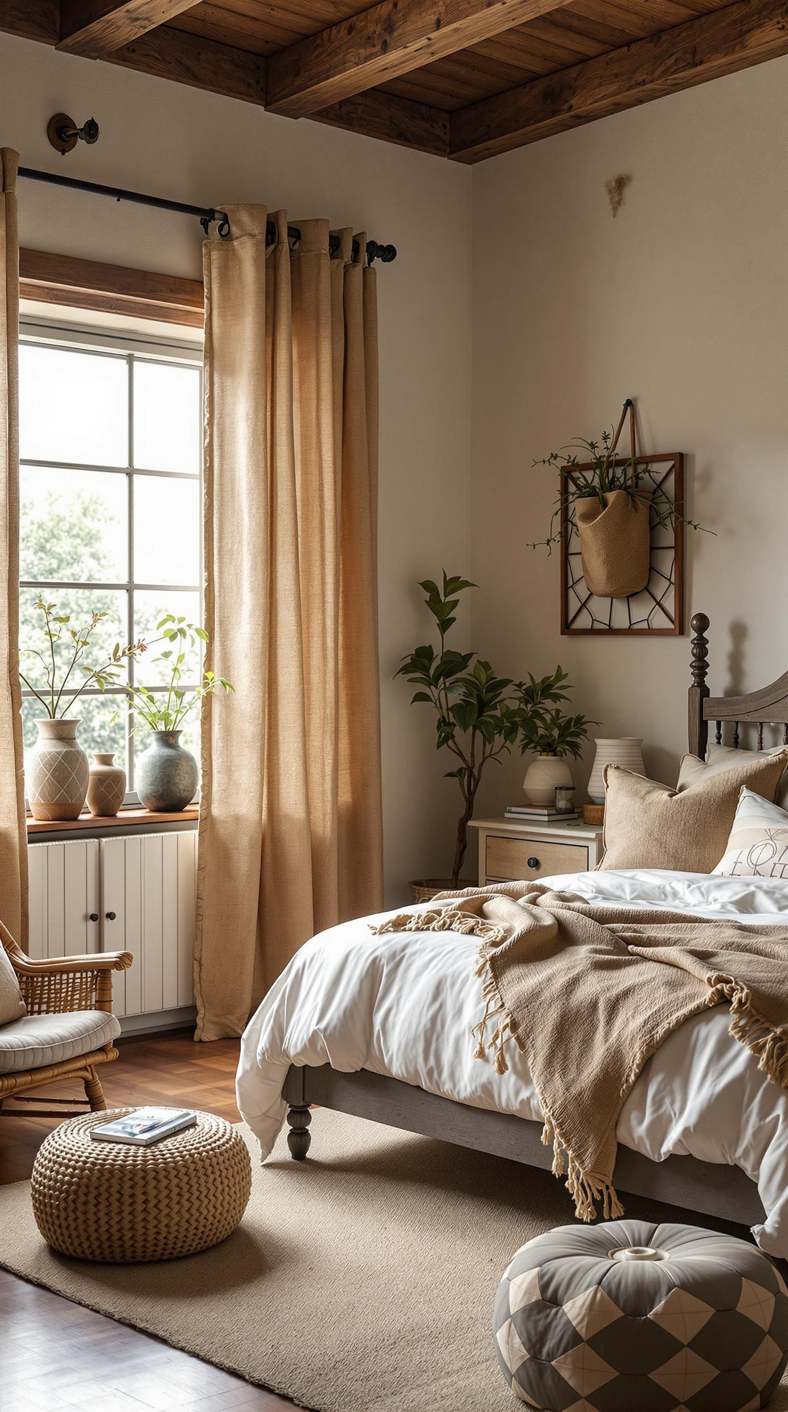 A cozy farmhouse bedroom with rustic burlap curtains, wooden beams, and natural decor