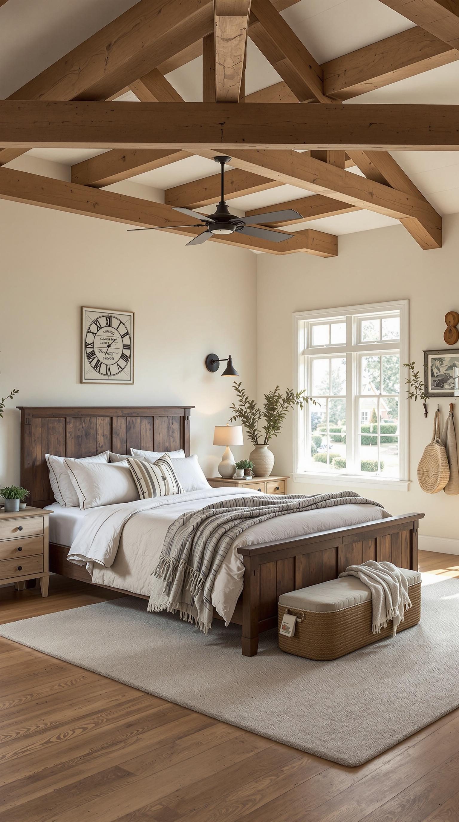 A cozy beige bedroom with wooden beams and rustic furniture.