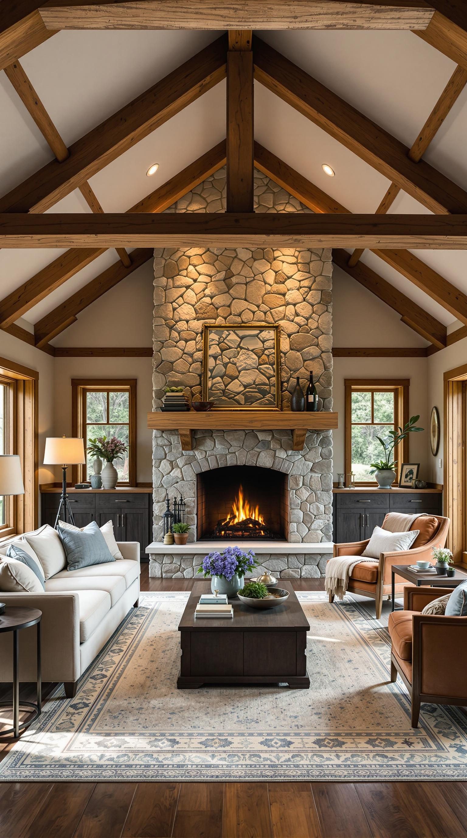 A cozy living room with exposed beams and a stone fireplace, showcasing rustic decor.