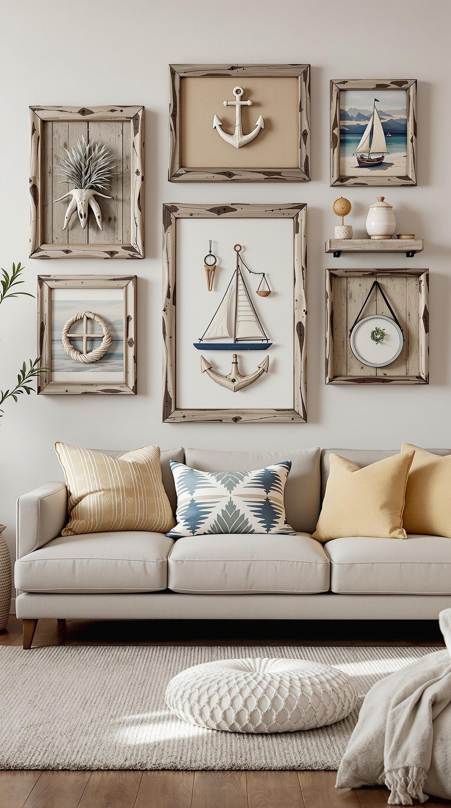 Rustic coastal wall decor featuring various framed nautical elements and decorative pillows on a sofa.