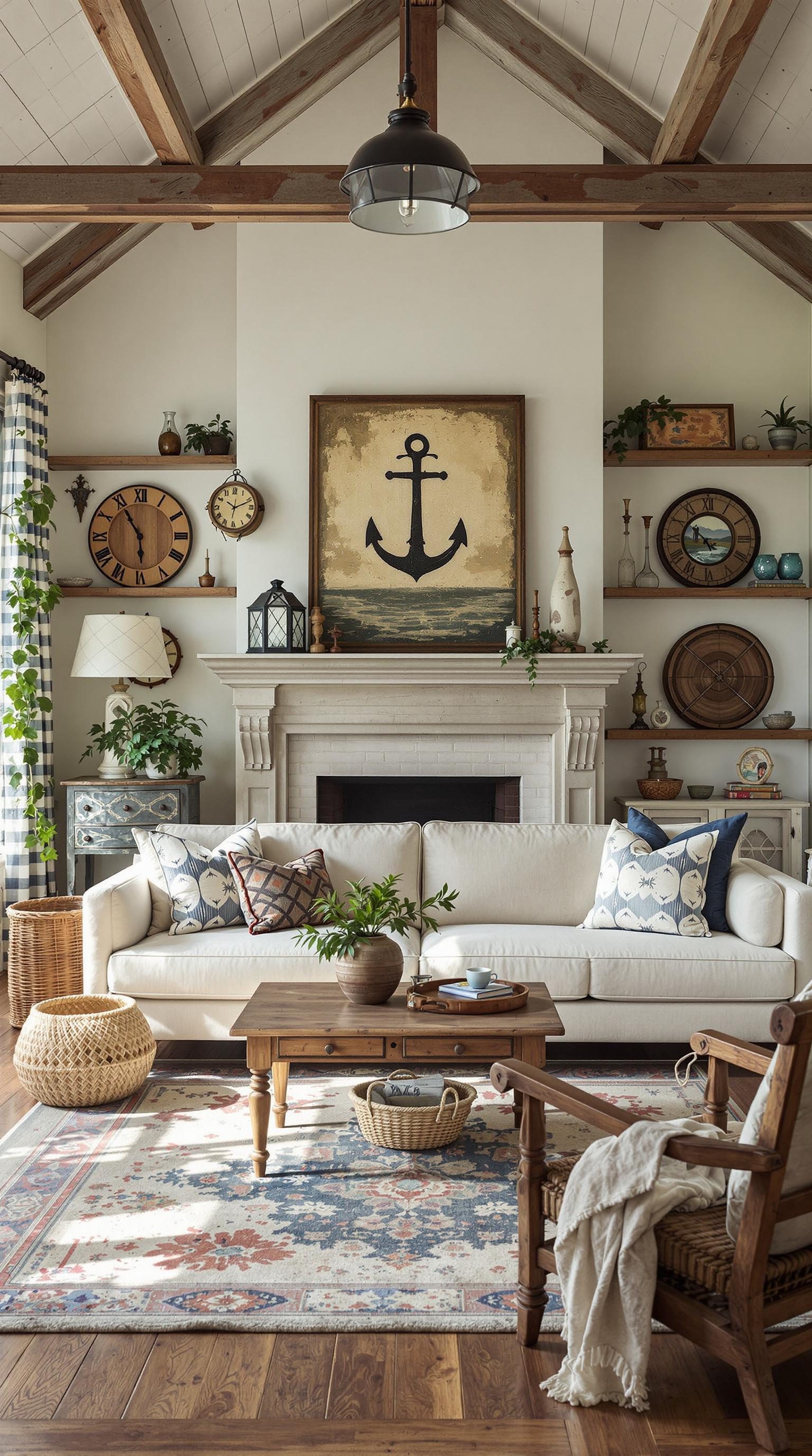 Coastal living room featuring reclaimed wood and nautical decor.