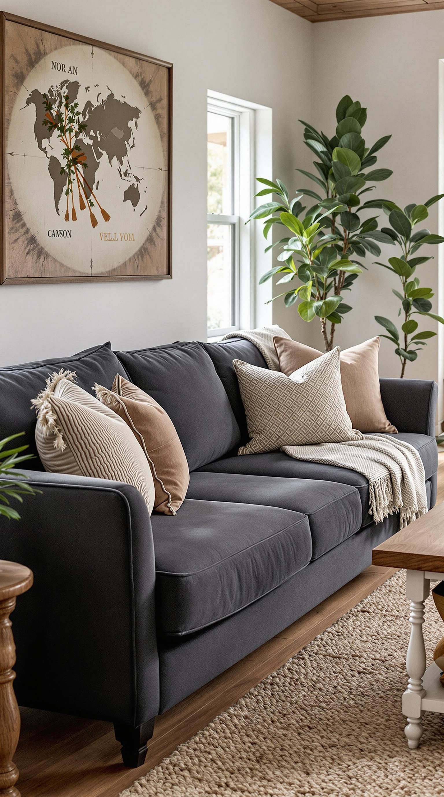 A cozy living room featuring a dark grey couch with decorative pillows, a woven rug, and plants.